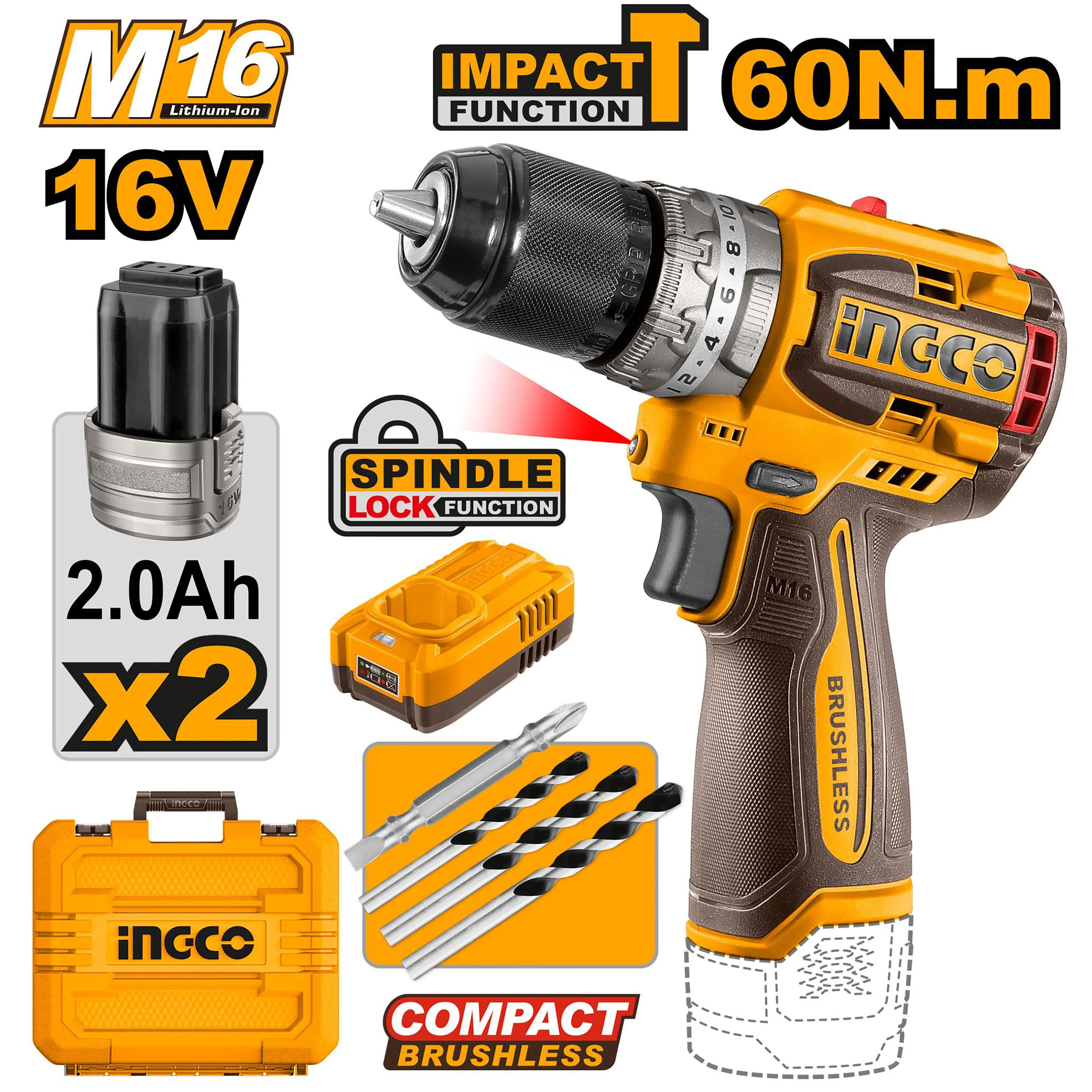 16V/M16 Lithium-Ion Compact Brushless Cordless Impact Drill CIDLI16682 ING-COR