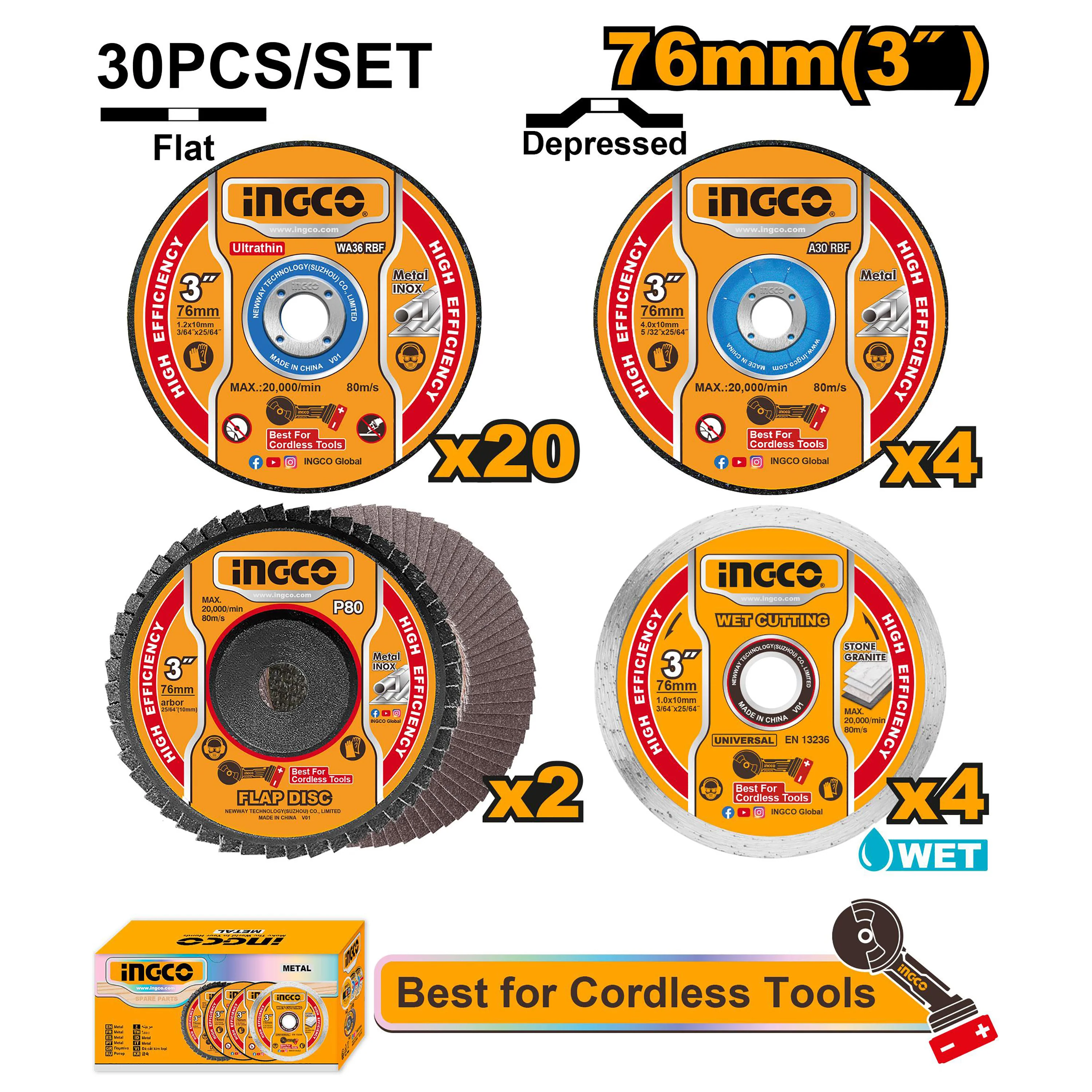 30PCS/Set Cutting/Grinding Disc Set 76mm(3in)x1.2mm(3/64in)x10mm(25/64in) MCD07630 ING-AC