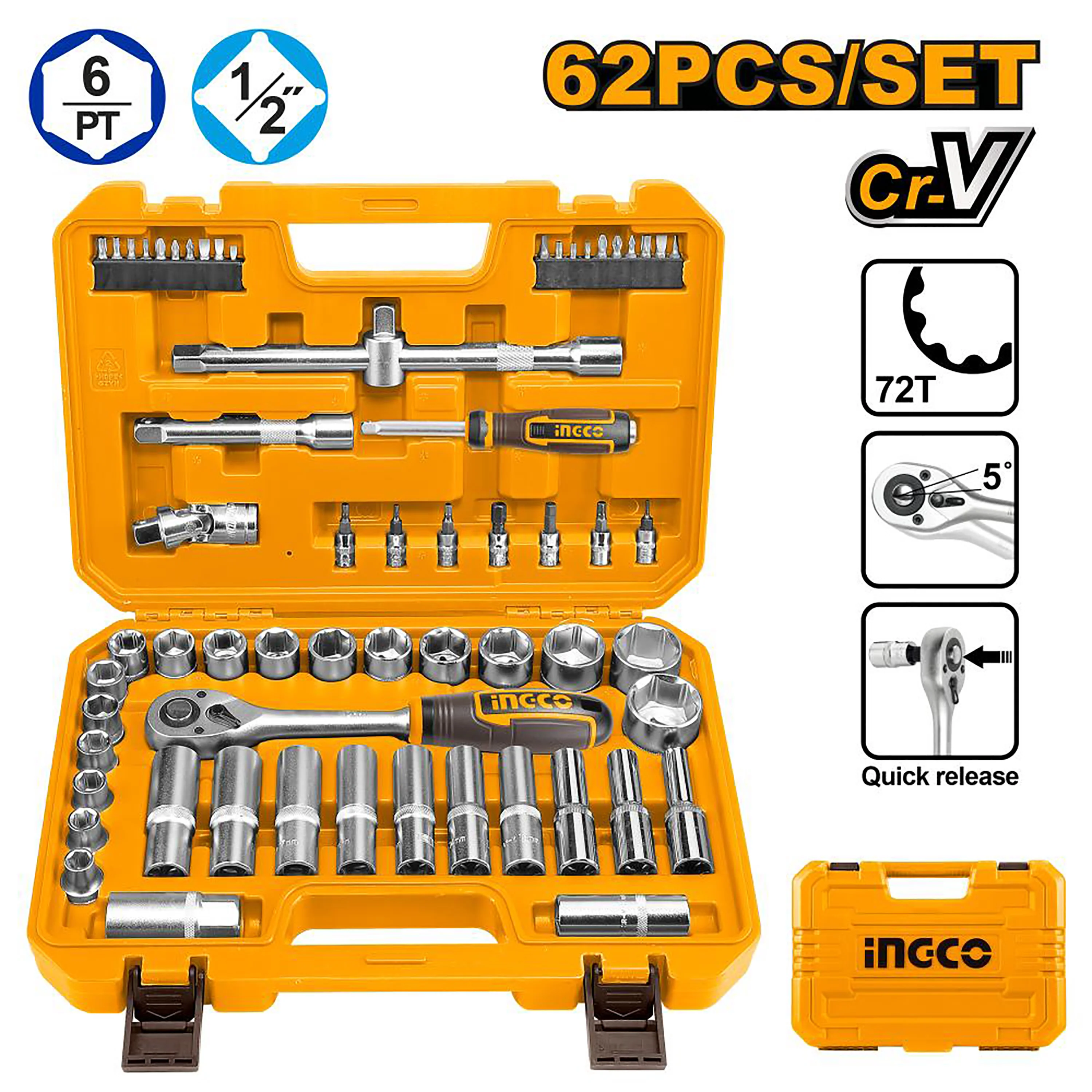 62PCS/Set 1/2inches Socket Set High Quality Cr-V Steel Material HKTS12602 ING-AC