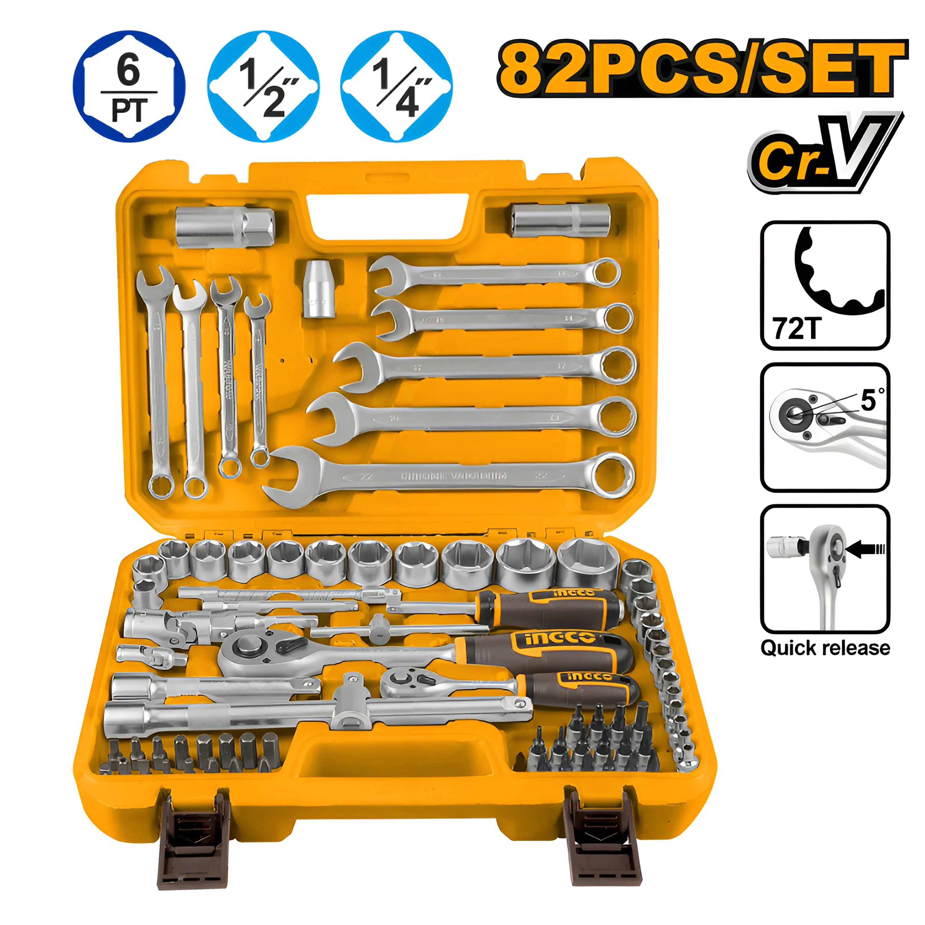 82PCS/Set 1/4in|1/2in Socket Set High Quality Cr-V Steel Material HKTS42802 ING-AC