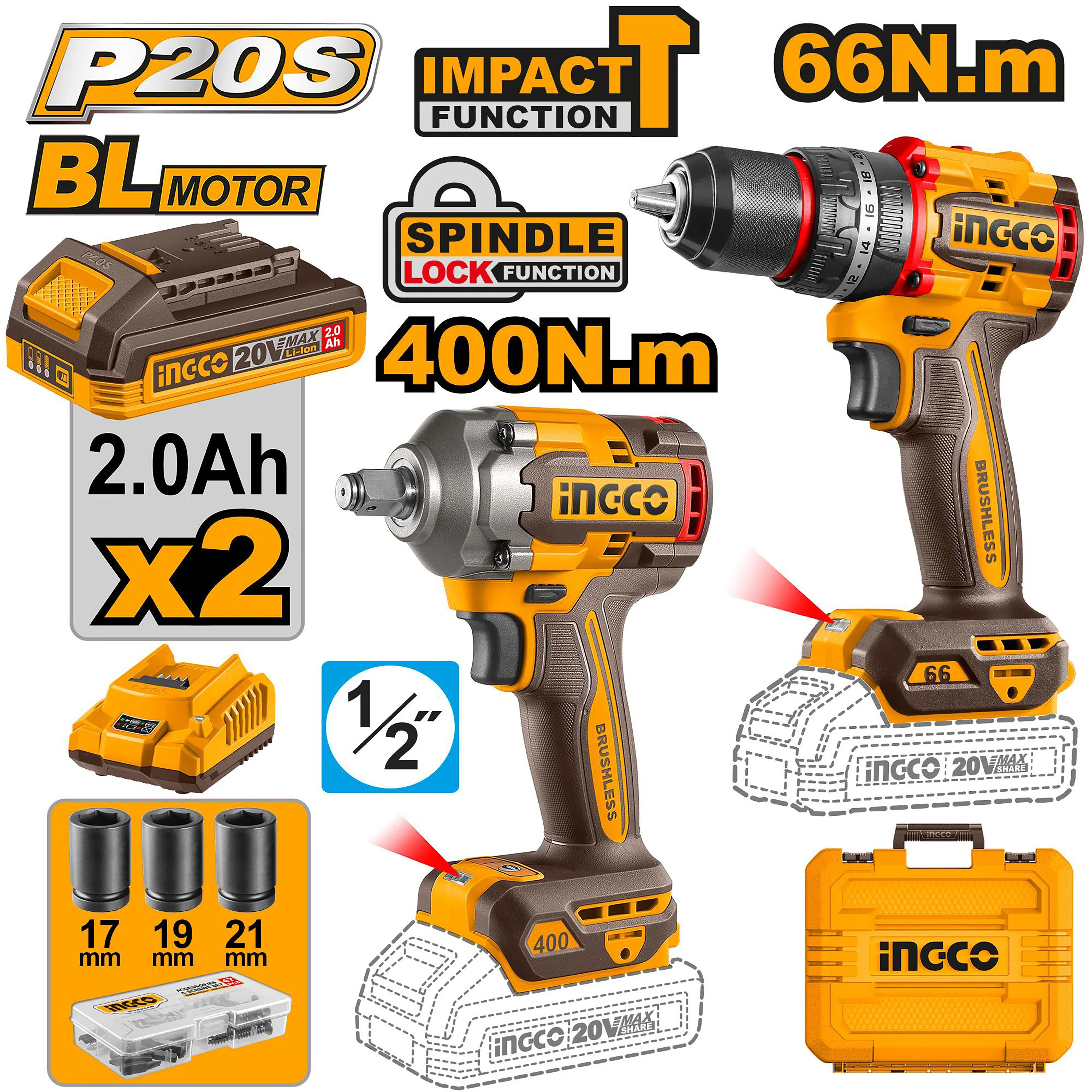 Brushless Motor Lithium-Ion Cordless 2PCS/Set Combo Kit CKLI20275 ING-COR
