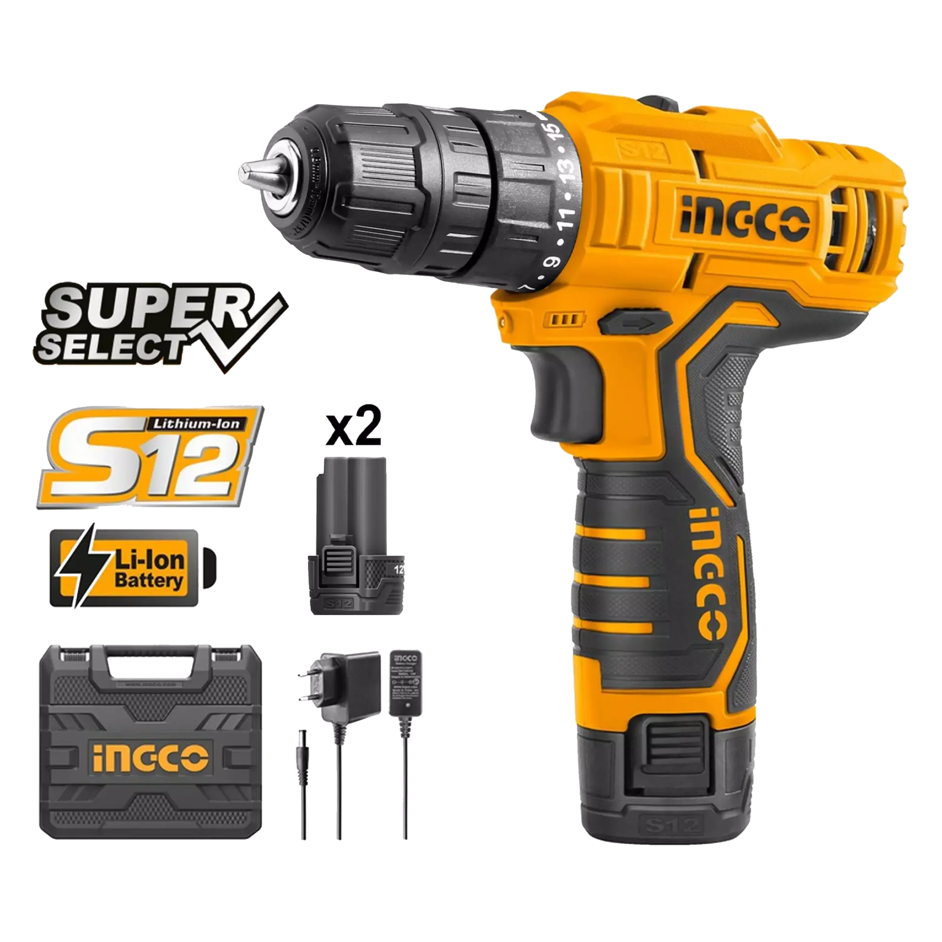 Lithium-Ion Cordless Drill 12V with 2 Batteries CDLI12325 / CDLI12208 / CDLI12328 ING-COR