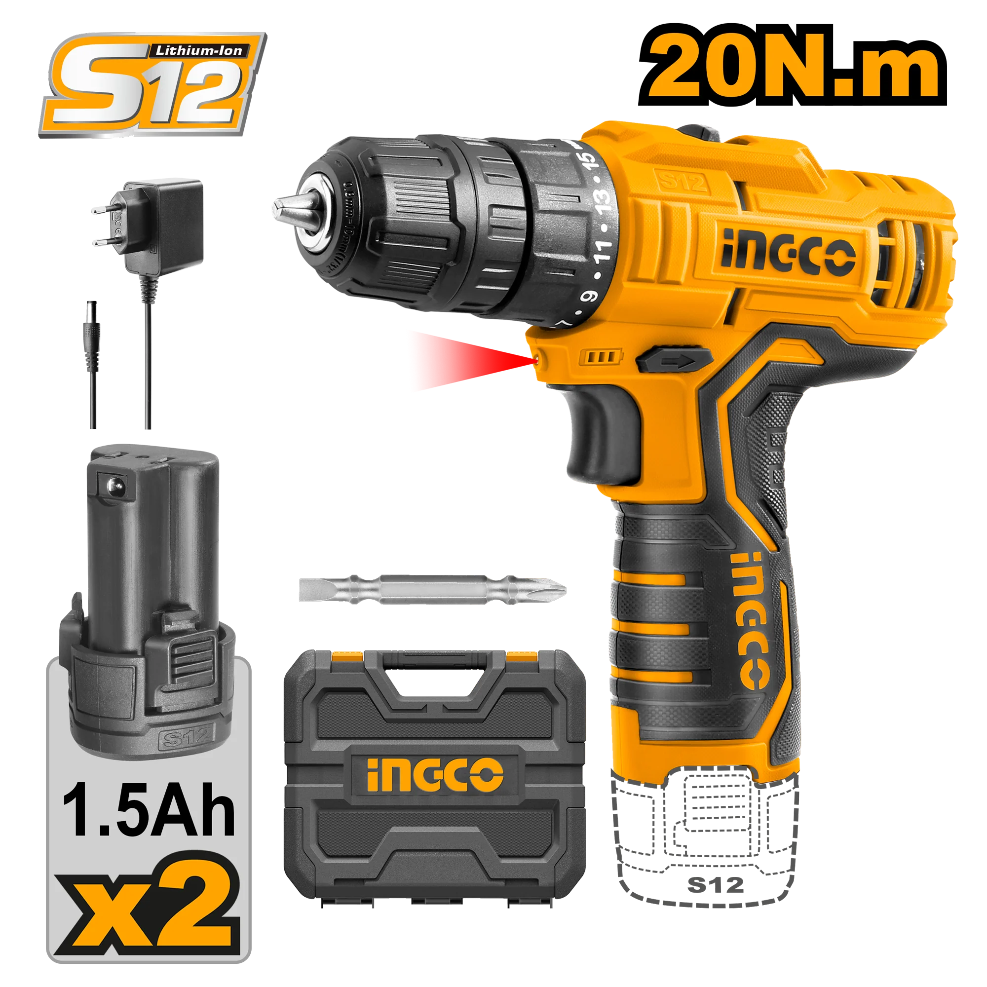 Lithium-Ion Cordless Drill 12V with 2 Batteries CDLI12325 / CDLI12208 / CDLI12328 ING-COR - Image 2