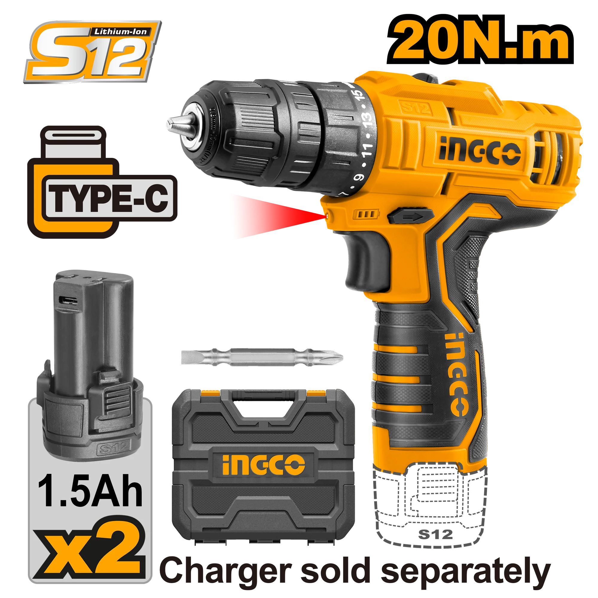 Lithium-Ion Cordless Drill 12V with 2 Batteries CDLI12325 / CDLI12208 / CDLI12328 ING-COR - Image 3