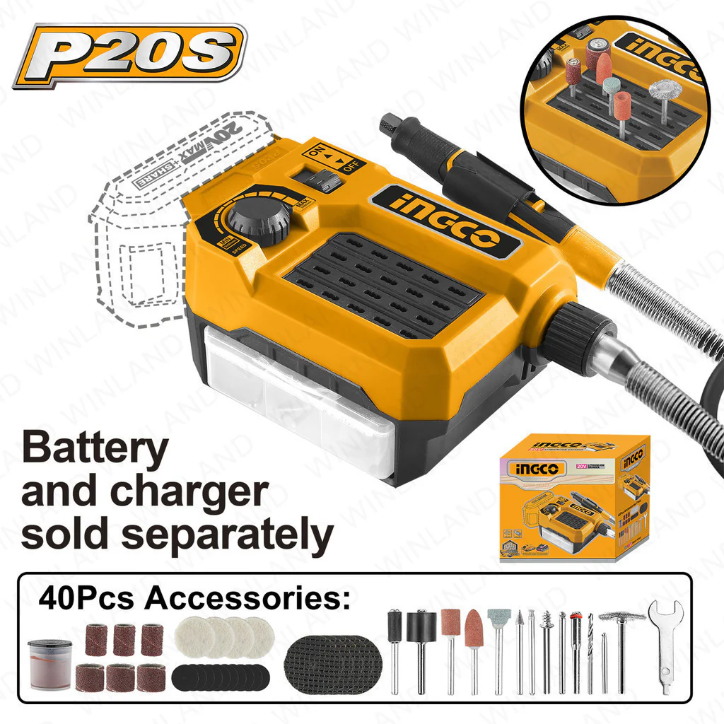 Ingco P20S 20V Lithium-Ion Die Grinder 40pcs Household Accessories Tools Set CMGLI20011 - Image 3