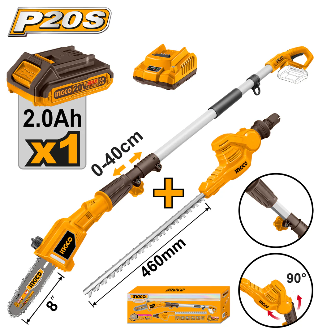 P20S 20V Lithium-Ion Pole Saw with Pole Hedge Trimmer CPTS201681 ING-PT