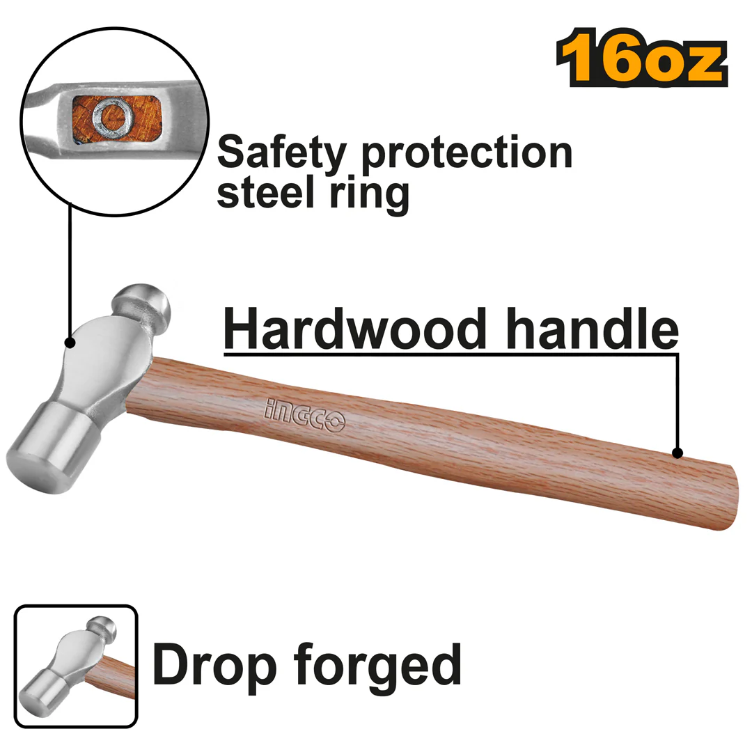 Wooden Ballpein Hammer 16oz No.45 Carbon Steel HBPH04016 ING-HT
