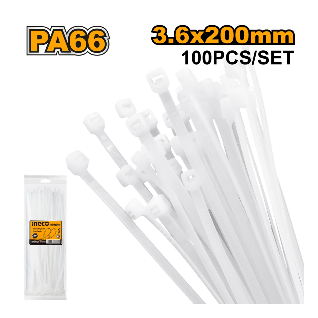 100 Pcs Cable Ties 3.6 x 200 White HCT2001 ING-CO