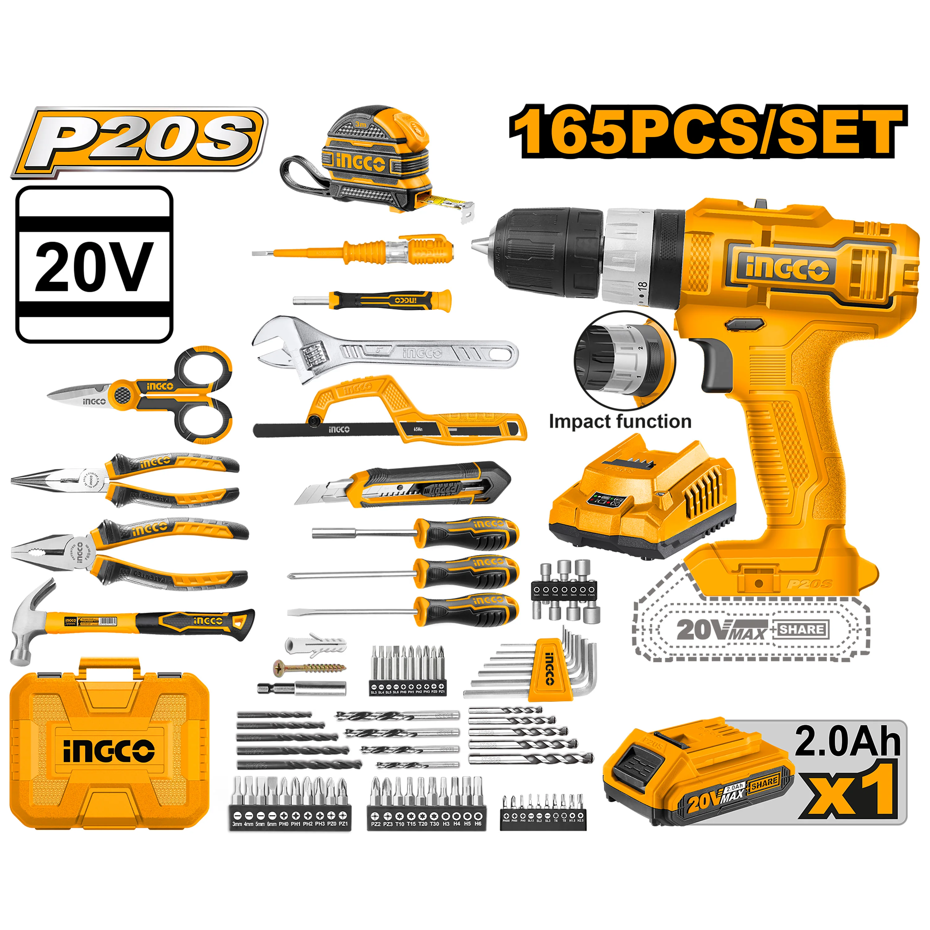 Lithium-Ion Impact Drill w/165PCS Tools Set Accessories HKTHP11651 P20S ING-CT - Image 2