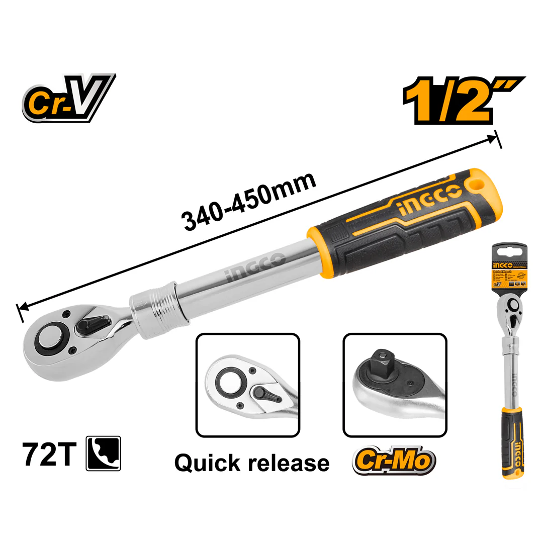 1/2 Inch 320-450mm Cr-V/Cr-Mo Extendable & Adjustable Ratchet Wrench HRTH08128L ING-HT