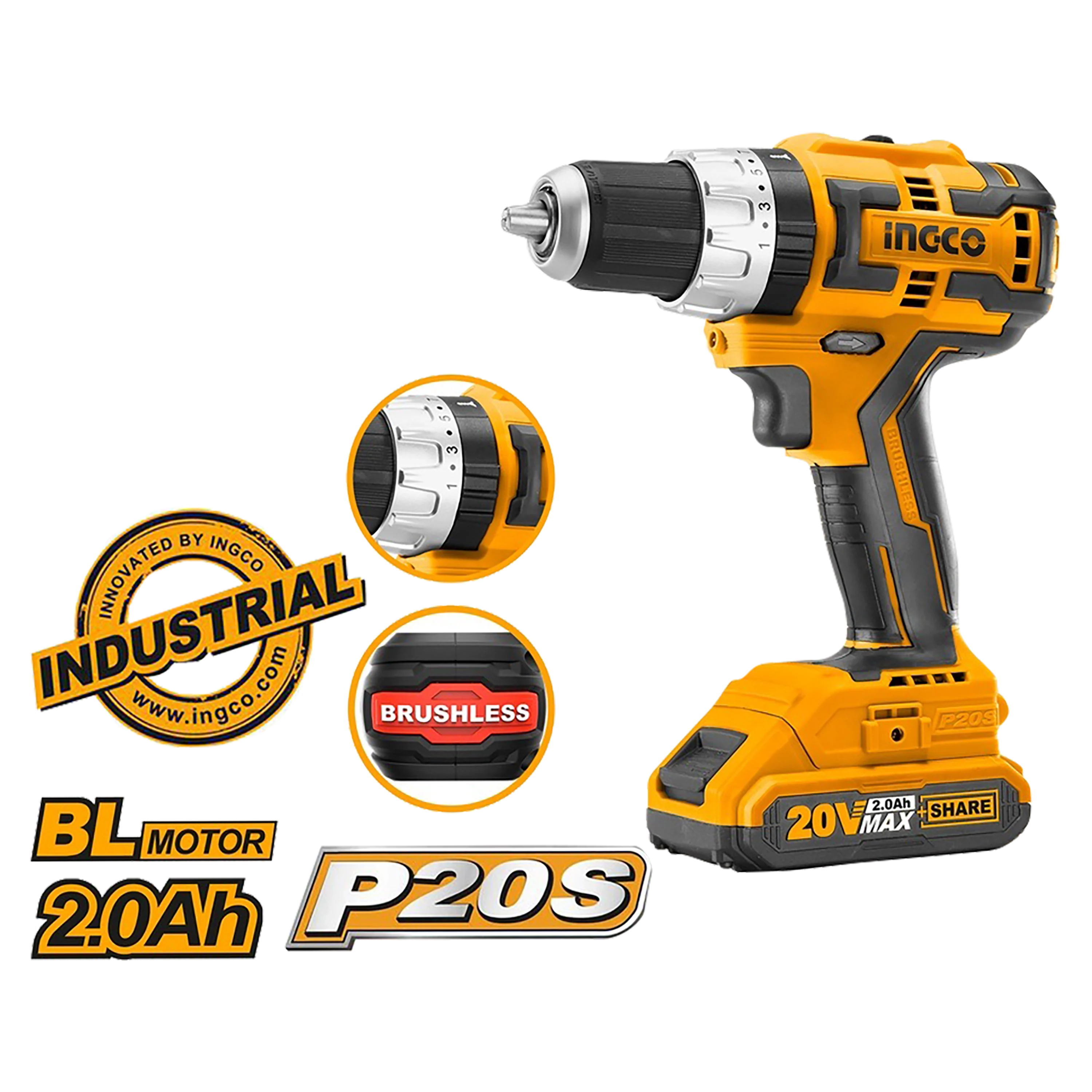 Ingco P20 20V Lithium-Ion Cordless Brushless Impact Drill CIDLI20608 ING-COR