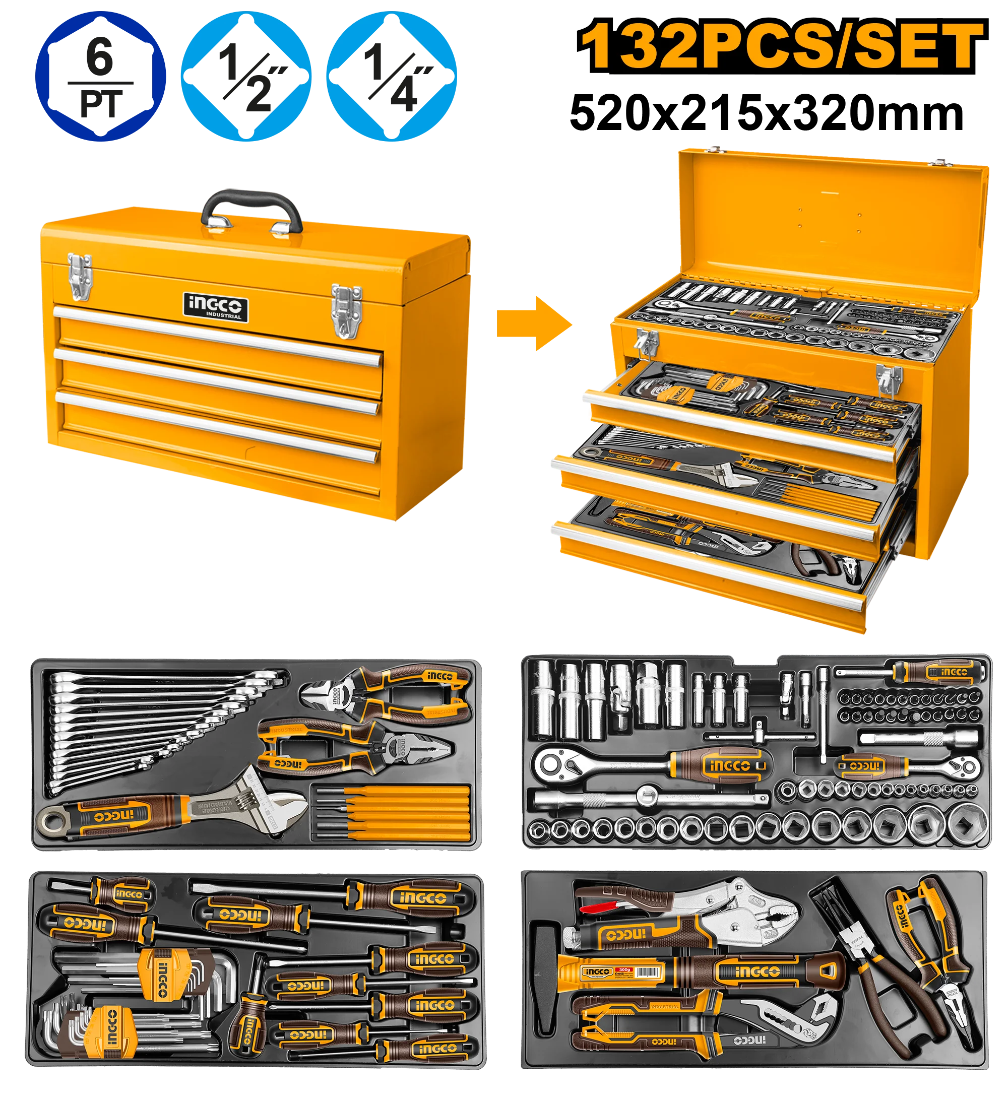 132pcs Tool Chest Set with 3pcs Drawers & 1pc Top Tracy Area HTCS221321 ING-TS - Image 2
