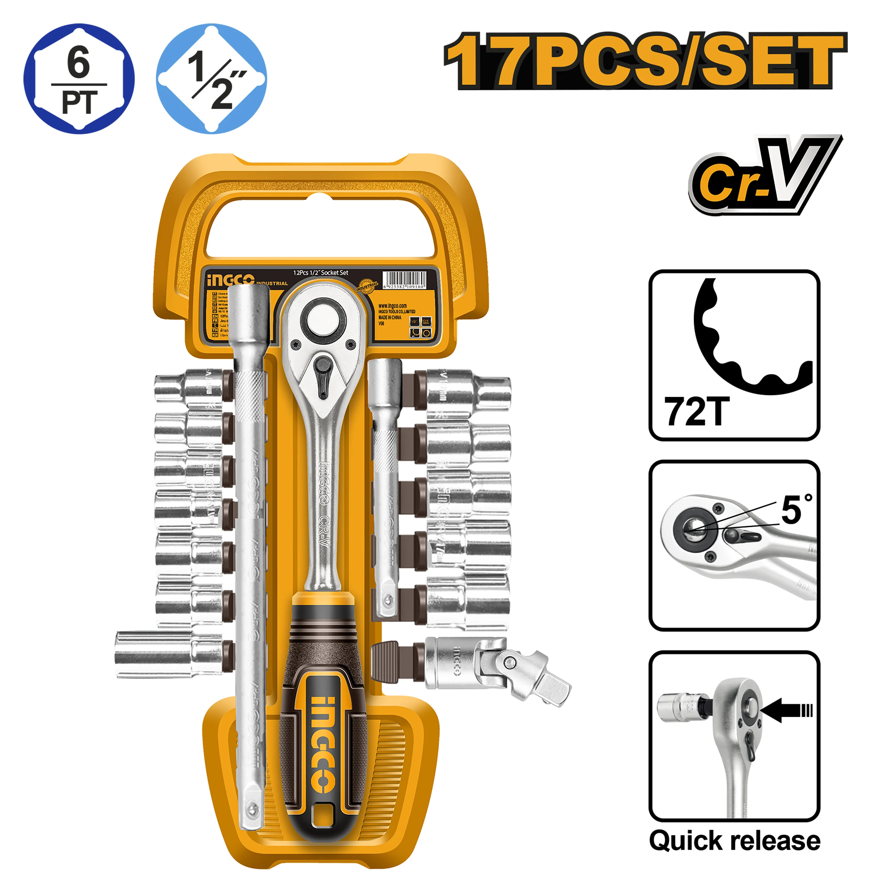 Ingco 17PCS/Set DR. 1/2inches CR-V Socket Wrench Ratchet Spanner Set HKTS12171 ING-AC