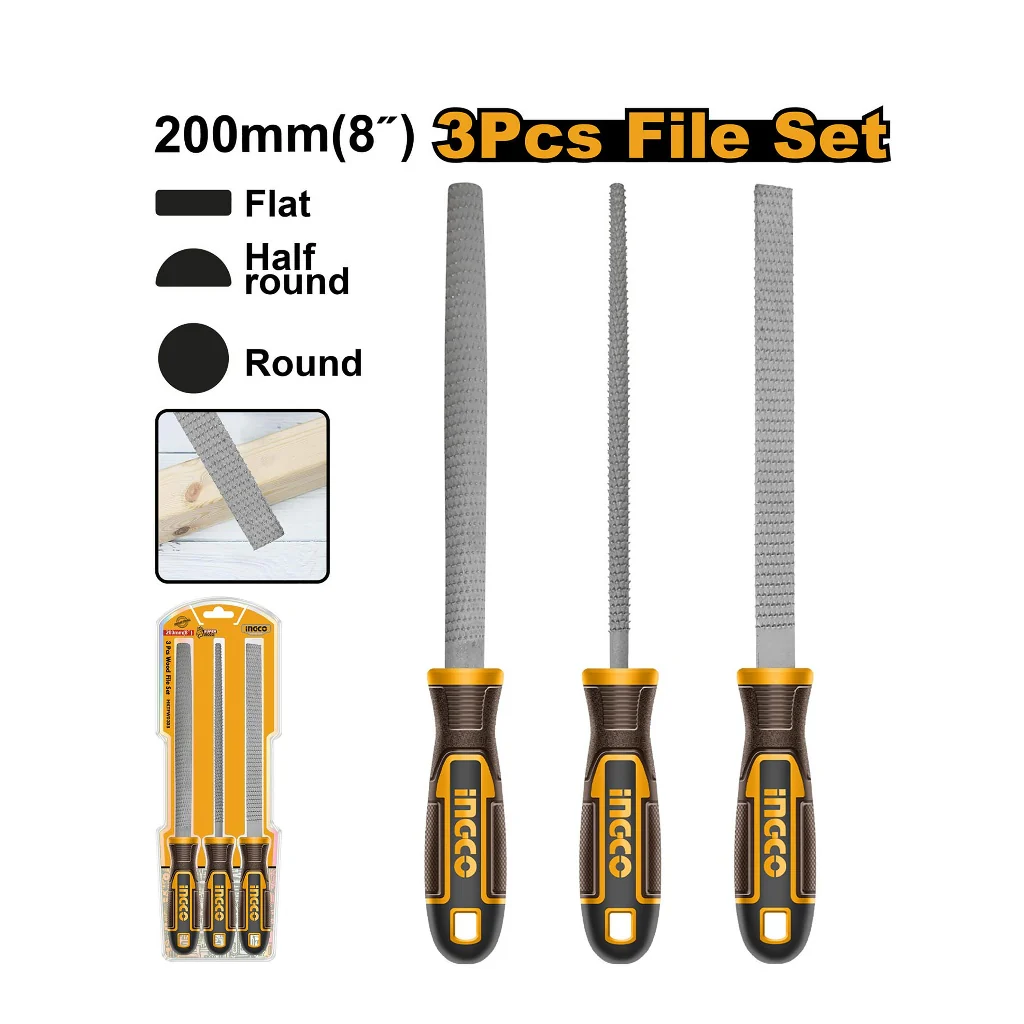 Ingco 200mm(8in) 3PCS/Set Carbon Steel Wood File Carpentry Wood Working Tool HKTFW0308 - Image 2