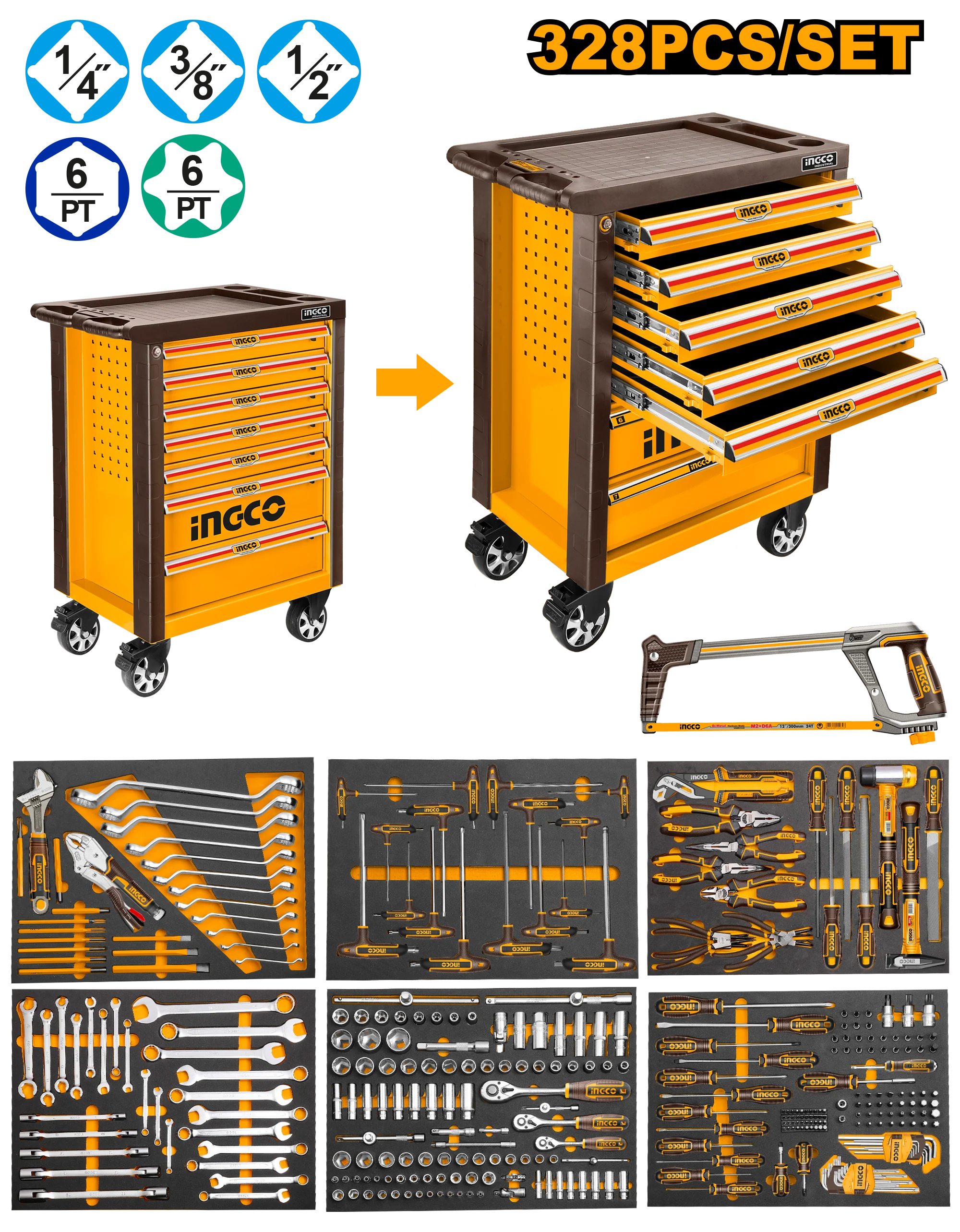 (328pcs Tool Chest Set) Roller Cabinet with 7pcs Drawers HTCS273281 ING-TS - Image 2