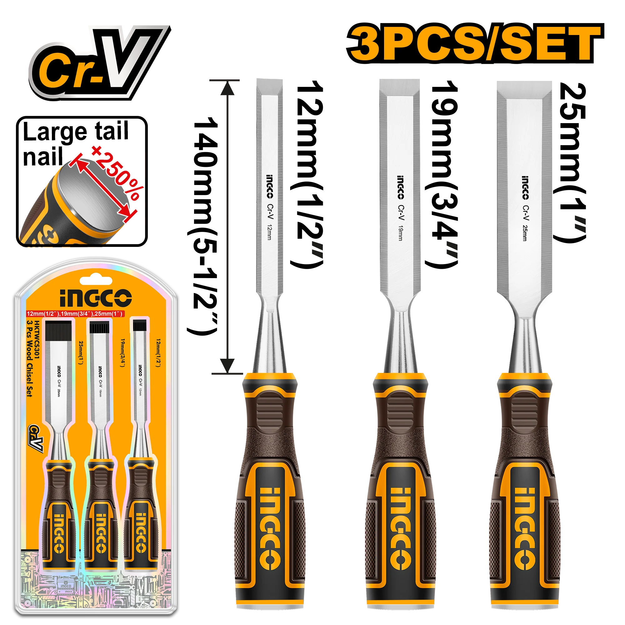 3pcs CR-V Material Wood Chisel Set HKTWCS301 ING-HT
