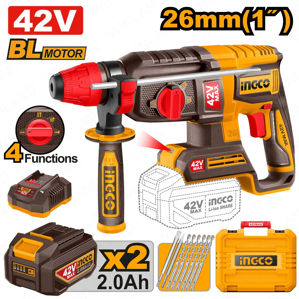 Ingco 42V/26mm(1inch) Lithium-Ion Cordless Rotary Hammer CRHLI422682 ING-CT - Image 2