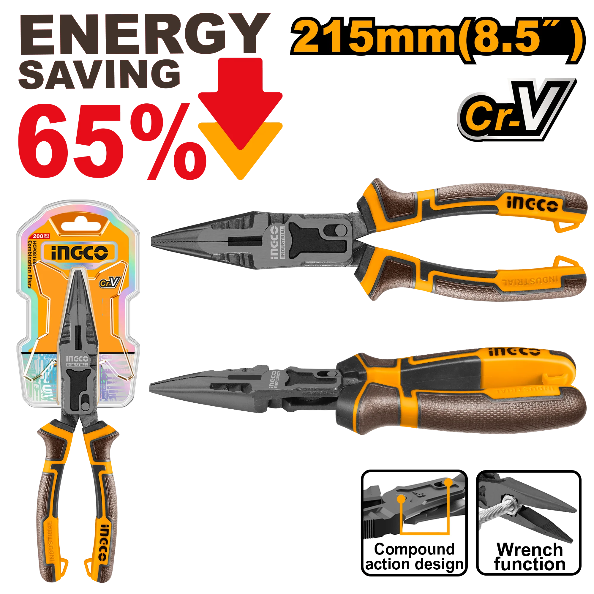 8.5inch/215mm Compound Action Long Nose Pliers HCLNP58200 ING-HT