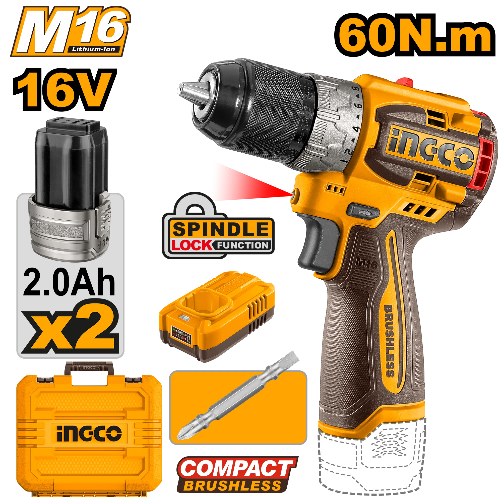 16V/M16 Lithium-Ion Brushless Motor Compact Cordless Drill CDLI16682 | CDLI1668 ING-COR - Image 2
