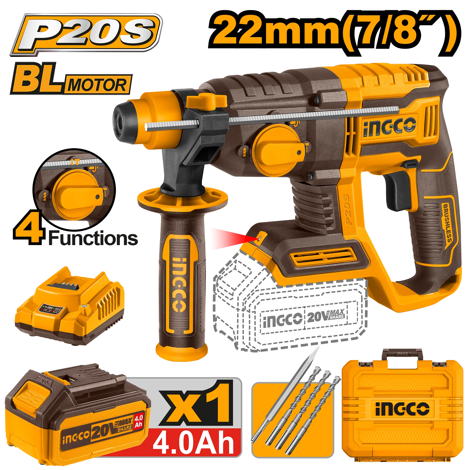 Ingco P20 Series Li-Ion 20V Cordless Rotary Hammer CRHLI20208 | CRHLI202081 | CRHLI212282 (ICT)