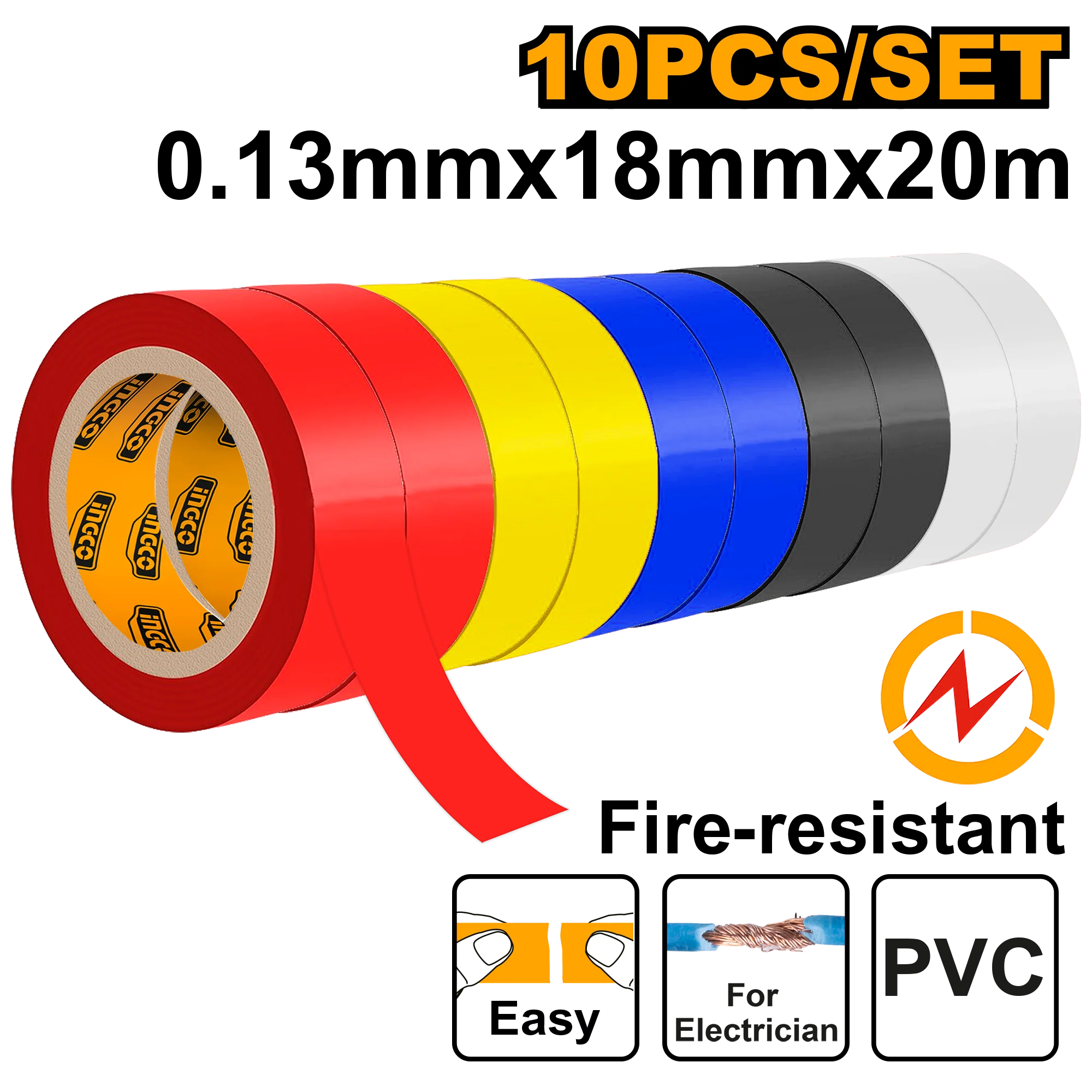 10PCS/SET PVC Insulating Tape 0.13mm x 18mm x 20m Assorted Color HPET1013 ING-CO