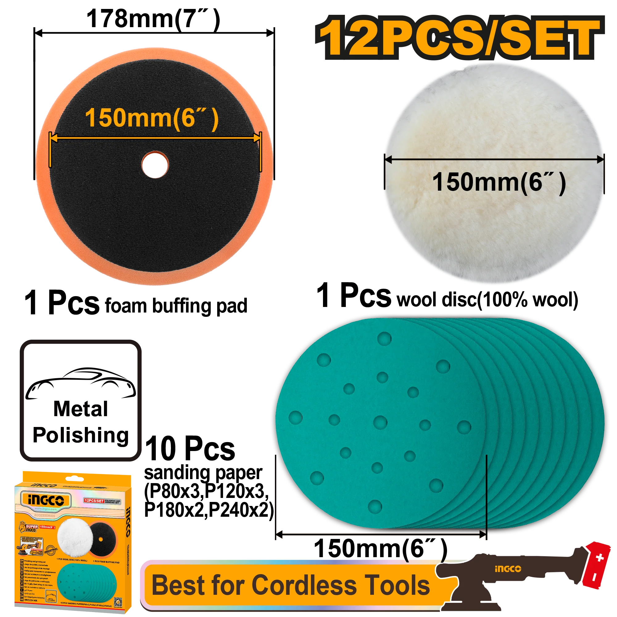 Ingco 12PCS/Set (6inches/∅150mm) Polishing and Grinding Set APG15012 ING-HT