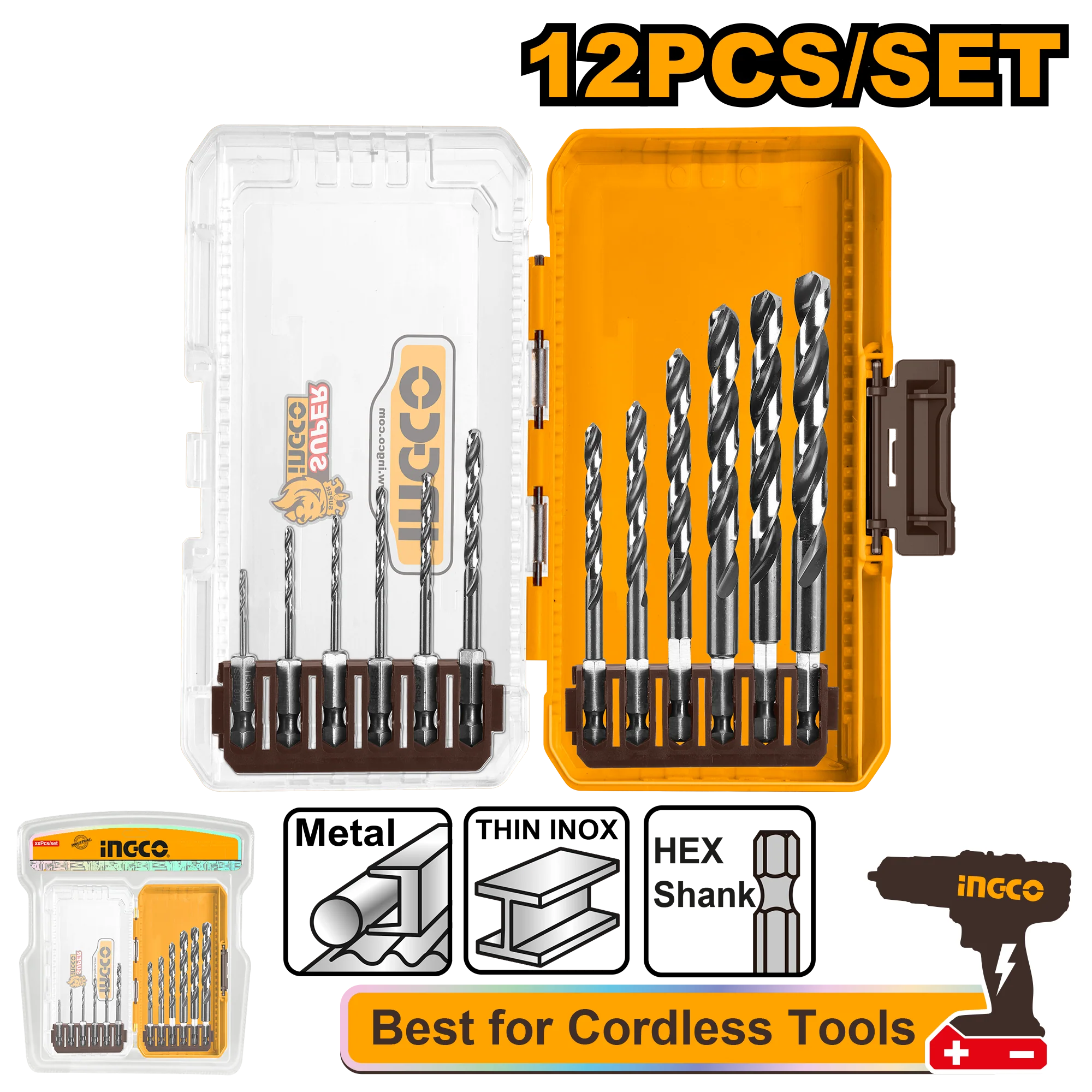 Ingco 12PCS/Set Metal, Multifunction Drill, and Wood Drill Bits Set AKDL11206 ING-HT