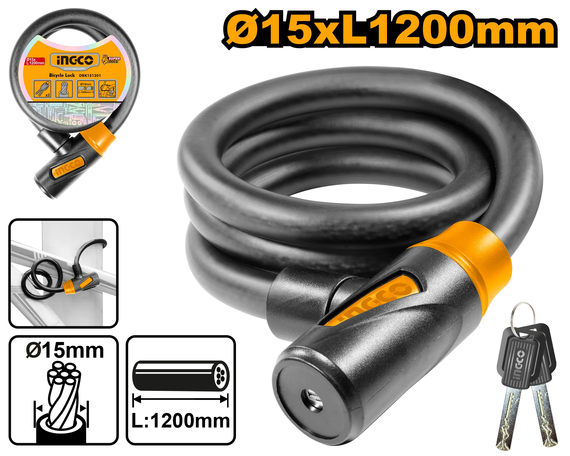 15 x 1200mm PVC Coated Braided Bicycle Lock with 2-Iron Keys DBK151201 ING-AC - Image 2