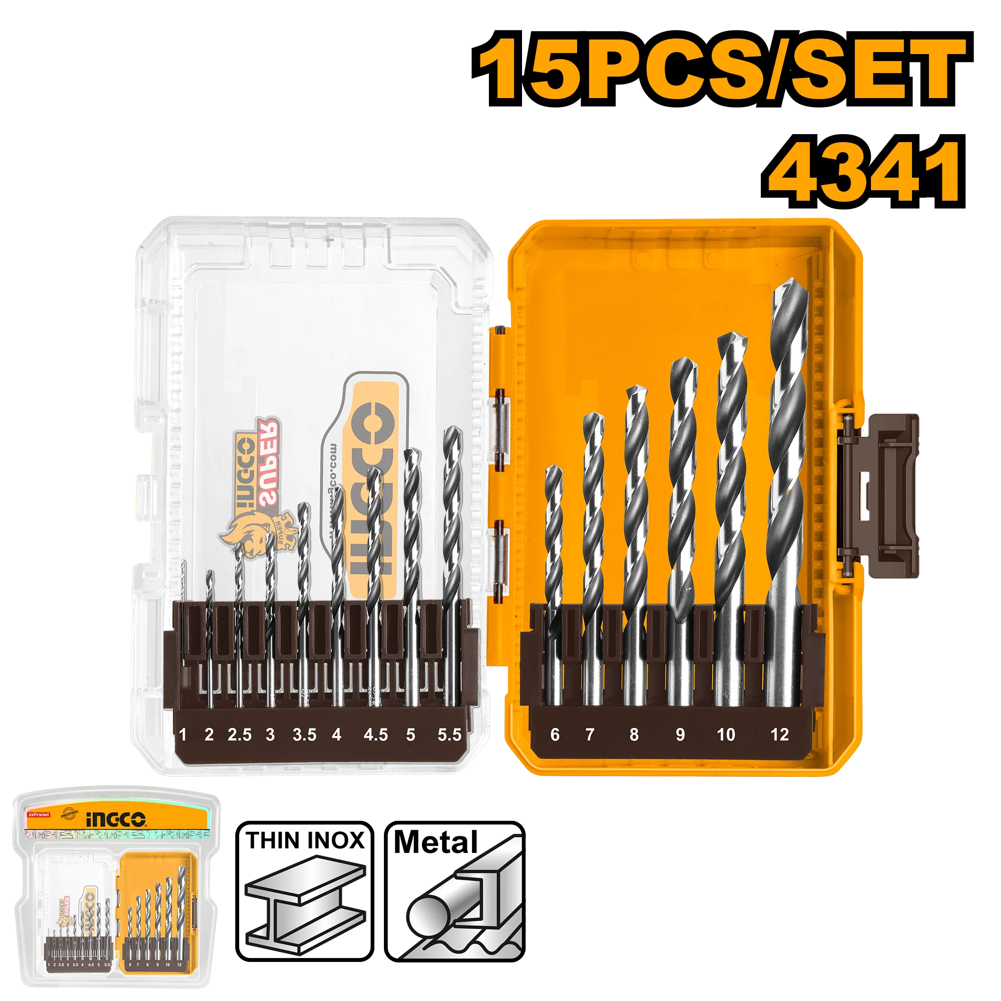 Ingco 15PCS/Set 4341 HSS Drill Bits Set for Metal AKDL51506 ING-HT