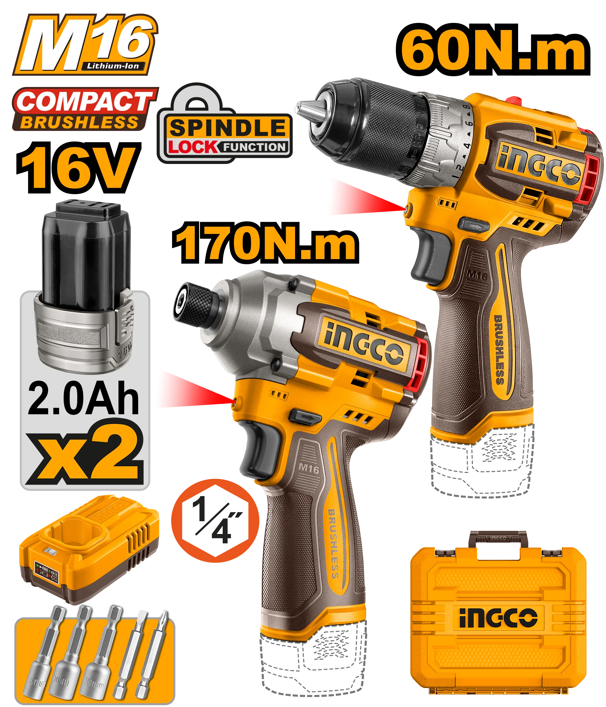 16V/M16 2PCS Combo Kit with Lithium-Ion Cordless Compact Drill COSLI240968 ING-COR - Image 2