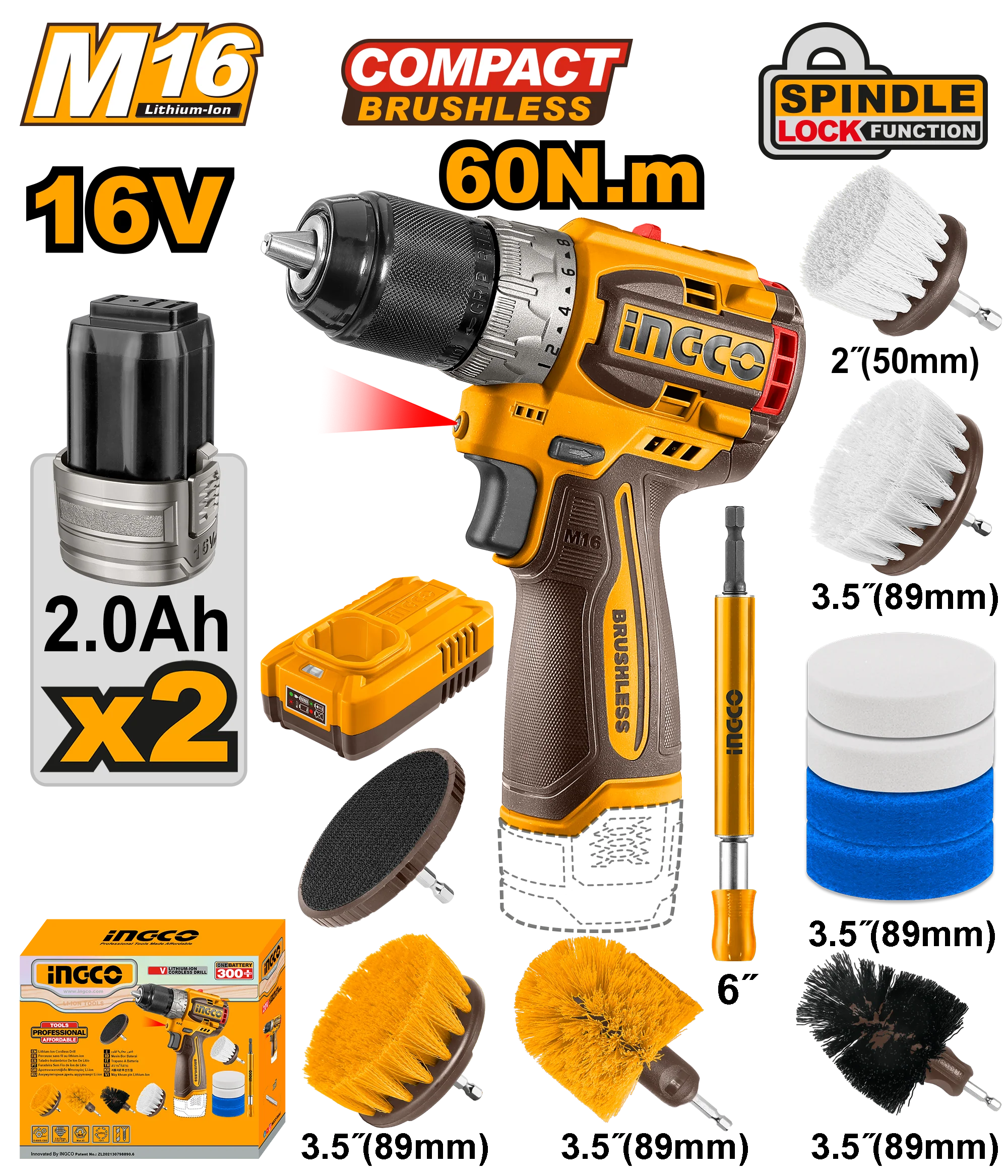 16V/M16 Combo Kit Lithium-Ion Cordless Drill with 11PCS Cleaning Brush COSLI240786 ING-COR - Image 2