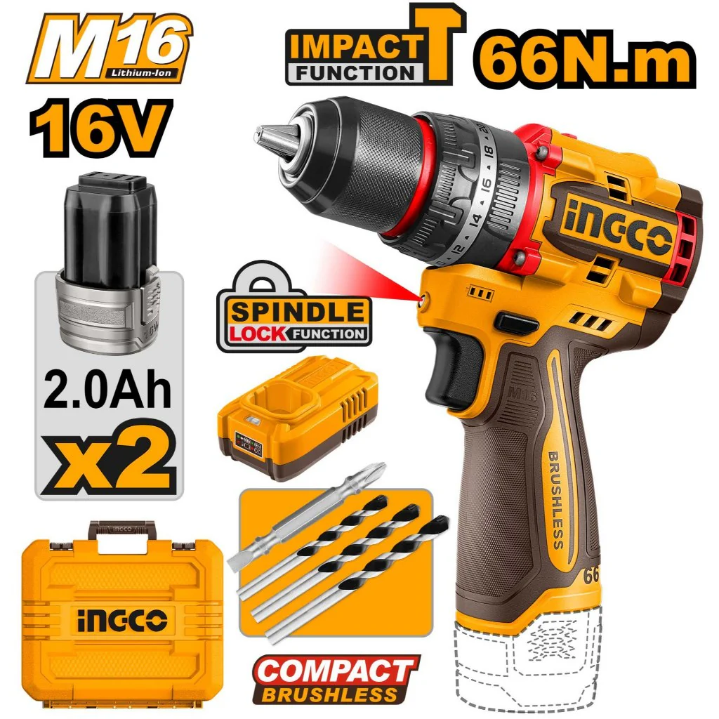 Ingco 16V/M16 Lithium-Ion Compact Brushless Cordless Impact Drill 66N.m CIDLI16682 ING-CT - Image 2