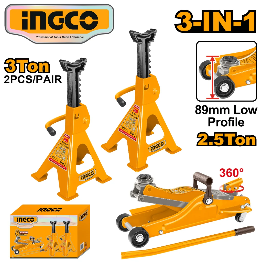 Ingco 2.5 Ton Floor Jack and 2×3 Ton Jack Stands Combo Set – HJCS2503 ING-HT