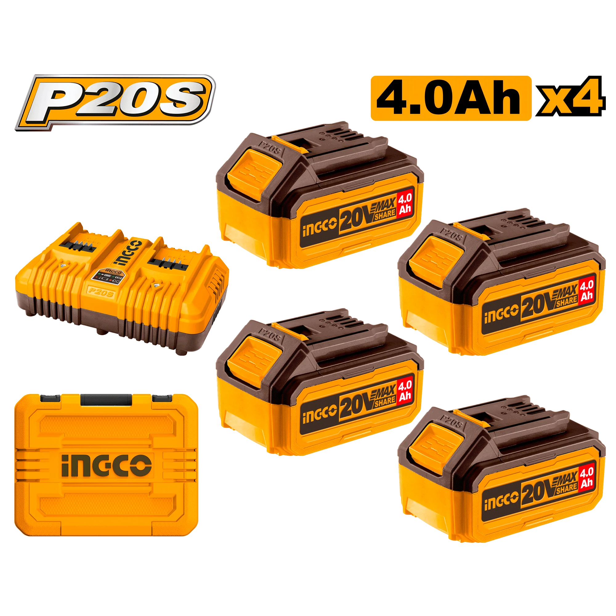 4PCS/Set P20S/20V Lithium-Ion Battery And Charger Kit 4.0Ah-5.0Ah ING-AC