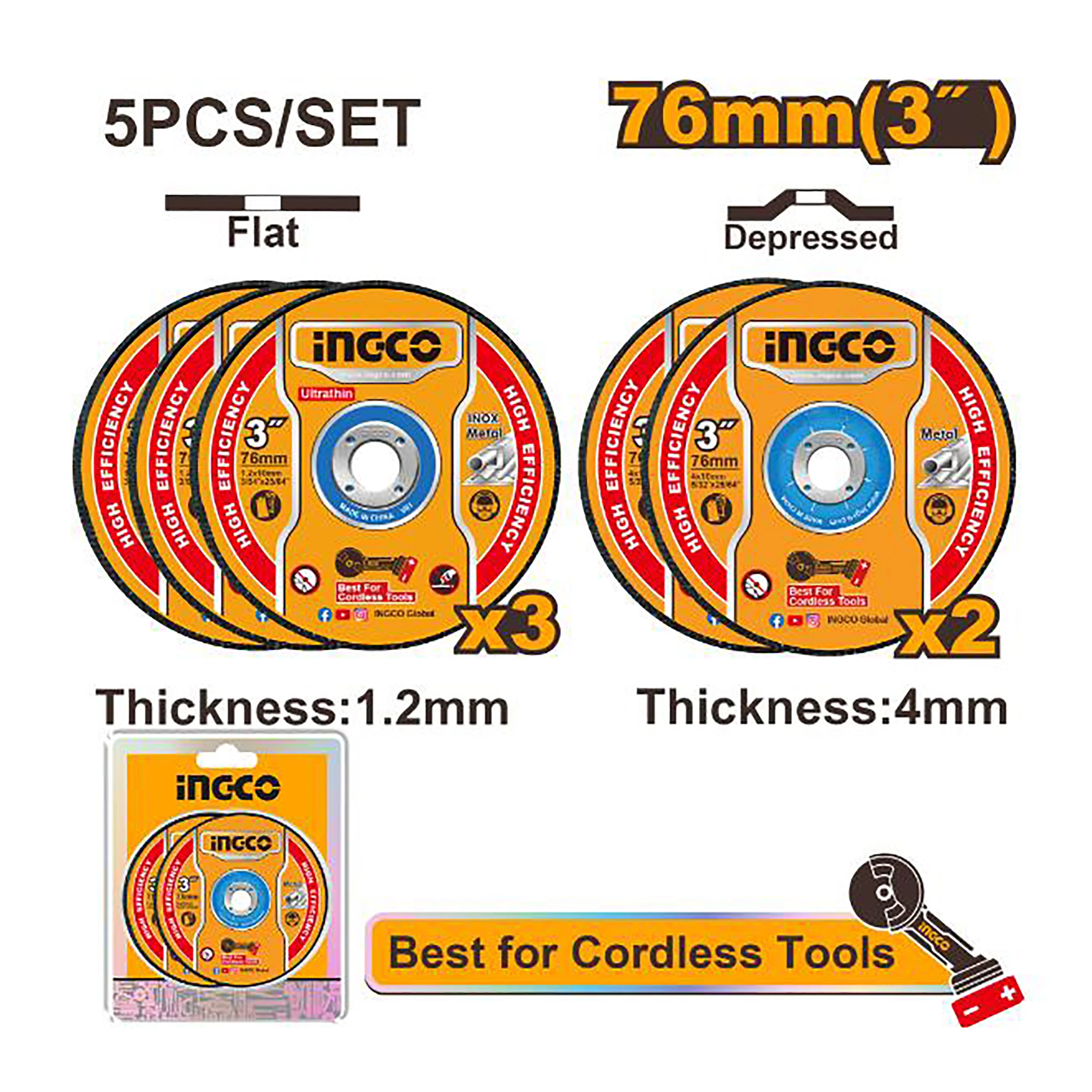 Ingco 5PCS/Set (3inches) Abrasive Metal Cutting and Grinding Disc Set MCD303768 ING-HT - Image 3