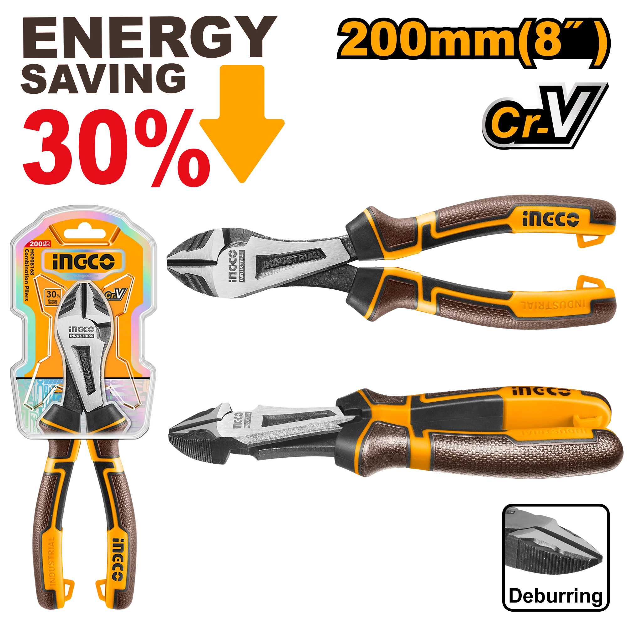 Ingco 8in/200mm CR-V Material High Leverage HeavyDuty Diagonal Cutting Pliers HHHDCP28200