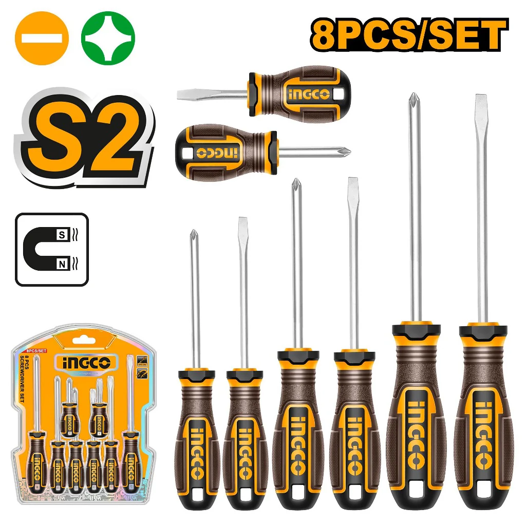 Ingco 8Pieces S2 Material & Round Handle Screwdriver Set HKSDS0828 ING-HT