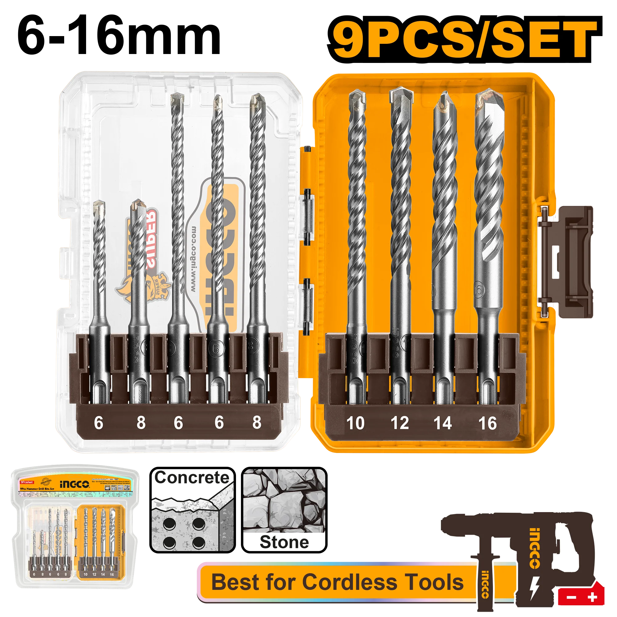 9PCS/Set SDS Plus Hammer Drill Bits Suitable for Cordless Tools AKDL30906 ING-AC