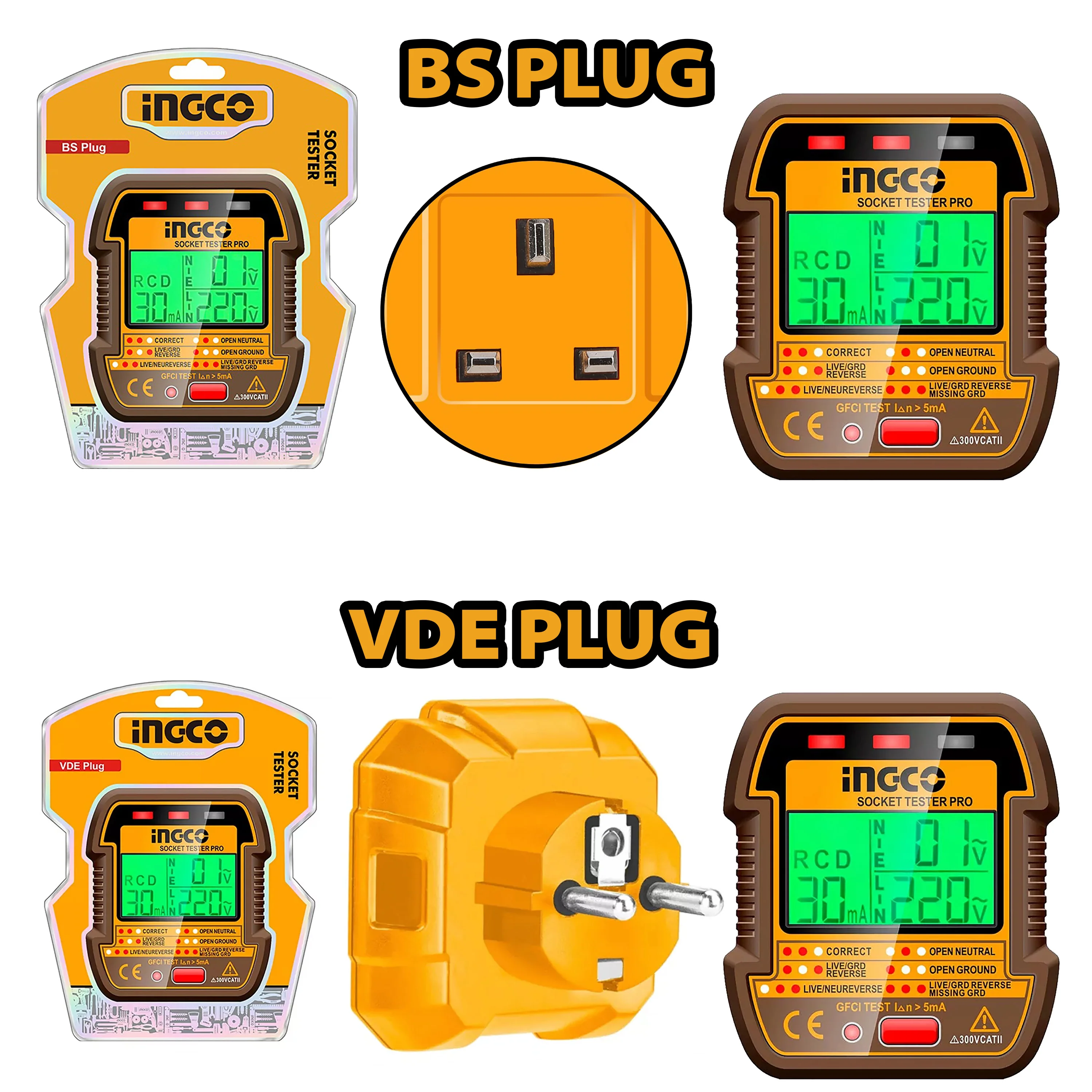 BS/VDE Plug, LCD Display Anti-Electric Shock Socket Tester HESST30011 | HESST30012 ING-MT