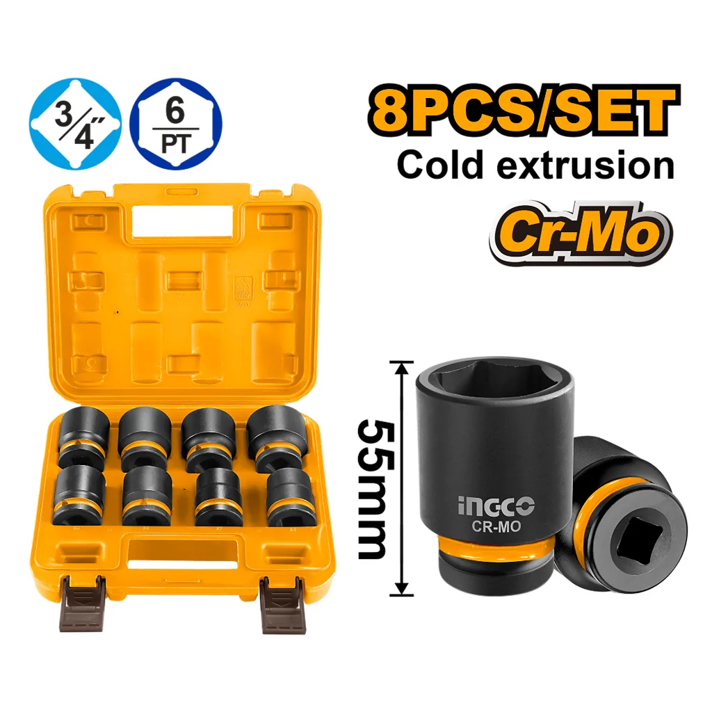 Ingco Heat Treatment Cr-Mo Material 8PCS Dr. Impact Socket Set 3/4in 55mm HKISSD34081