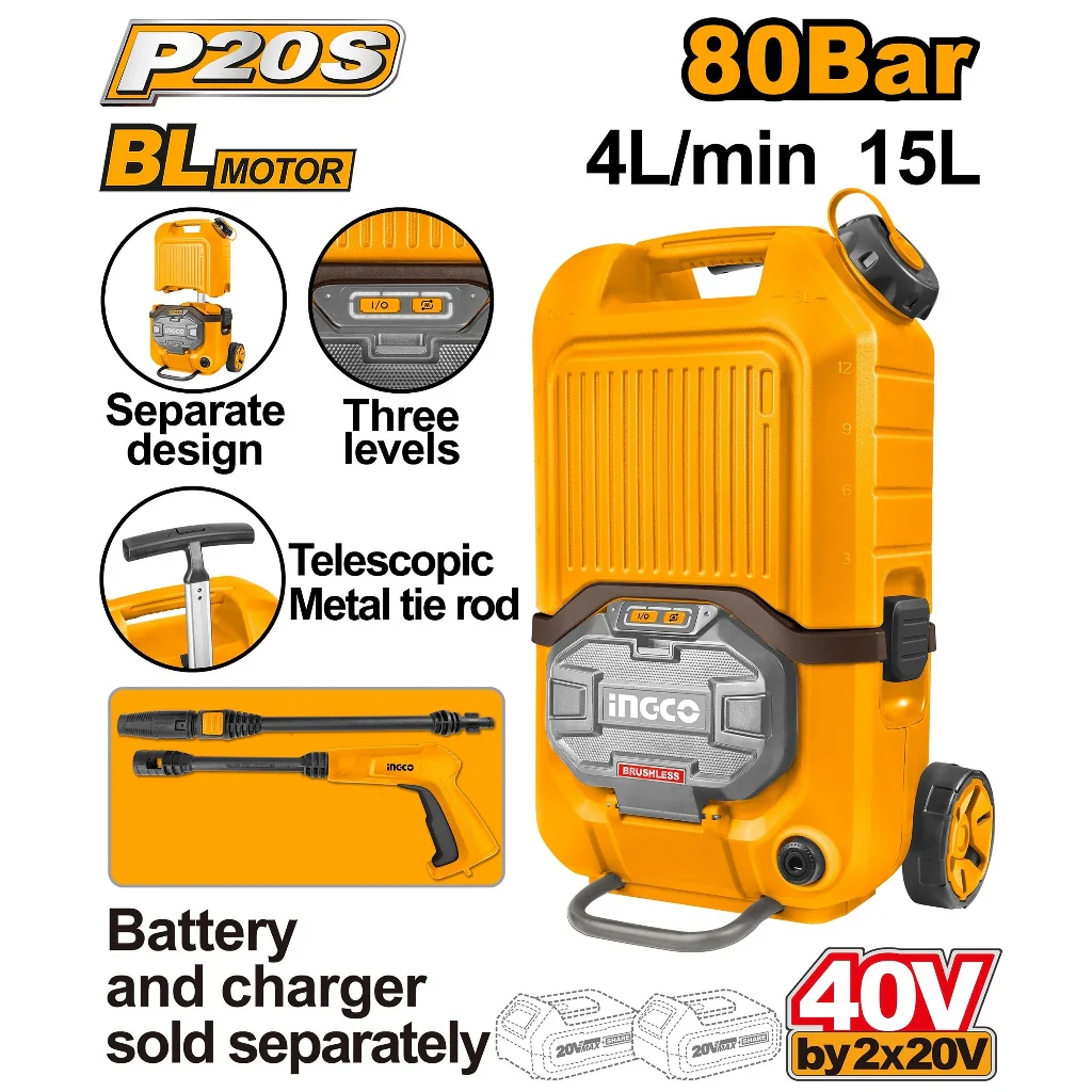 Ingco P20S/20V 15L Lithium-Ion Brushless Motor Cordless Pressure Washer CPWLI4006 ING-CT
