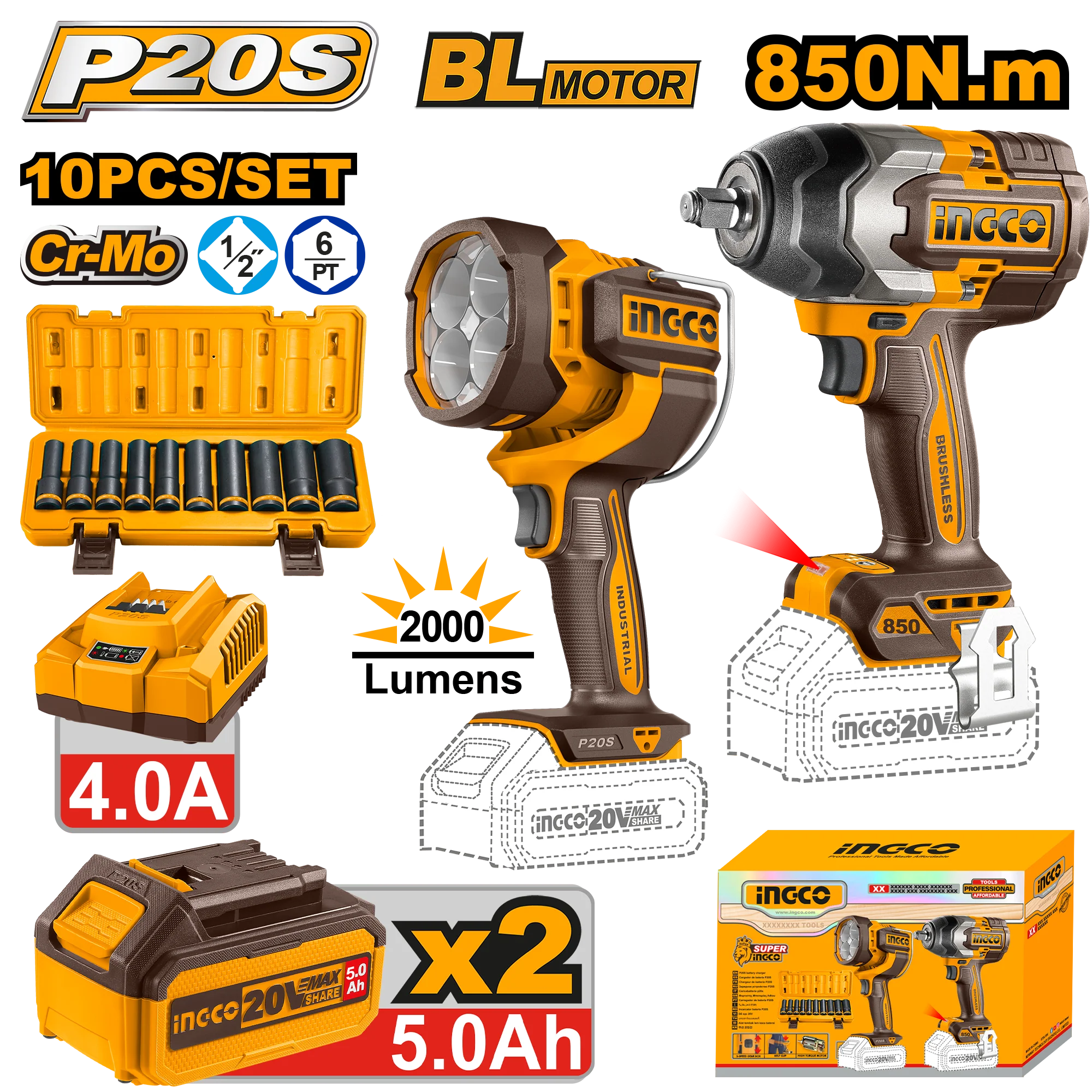 P20S/20V 2PCS Combo Kit with Lithium-Ion Cordless Impact Wrench COSLI241181 ING-COR