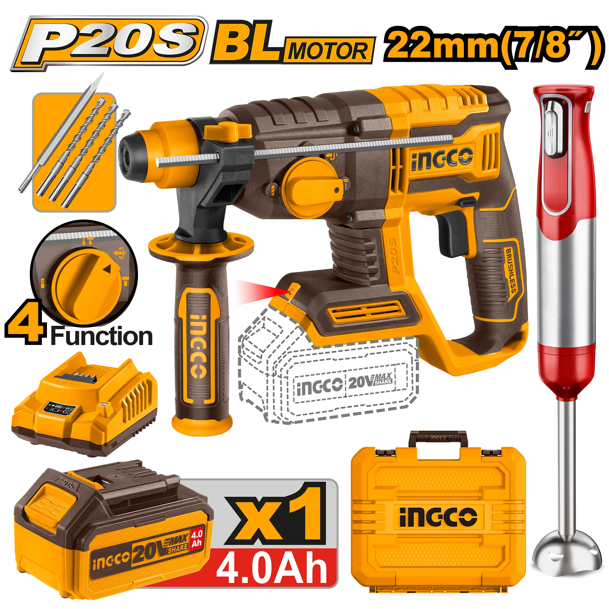 P20S/20V 2PCS Combo Kit with Lithium-Ion Cordless Rotary Hammer COSLI240208 ING-COR
