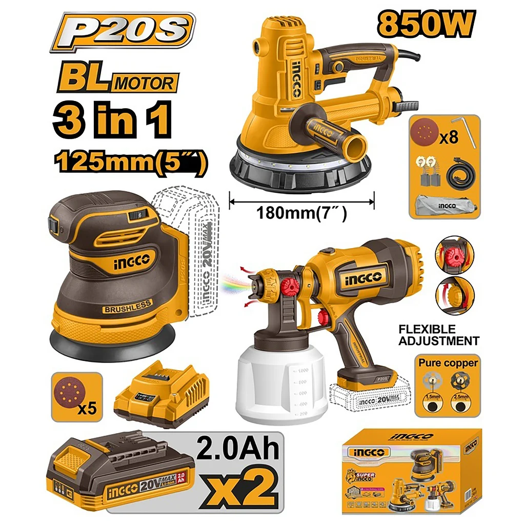 P20S/20V 3PCS Combo Kit with Lithium-Ion Cordless Random Orbital Sander ING-CT