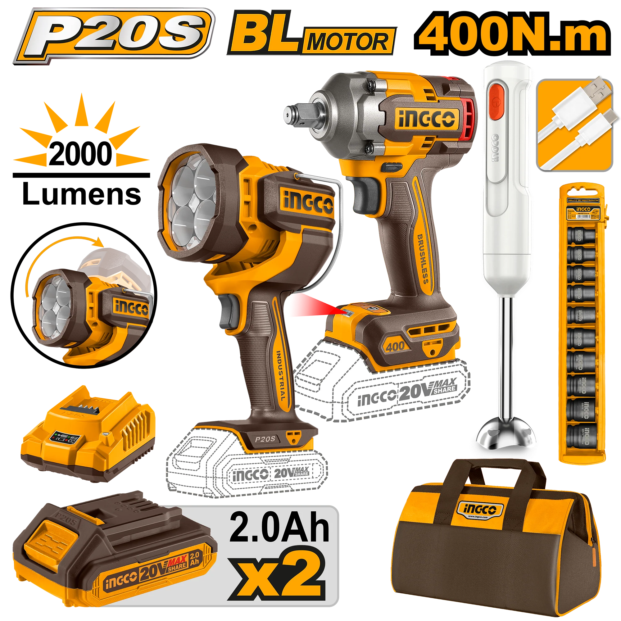 P20S/20V 4PCS Combo Kit with Lithium-Ion Cordless Impact Wrench COSLI240961 ING-COR - Image 2