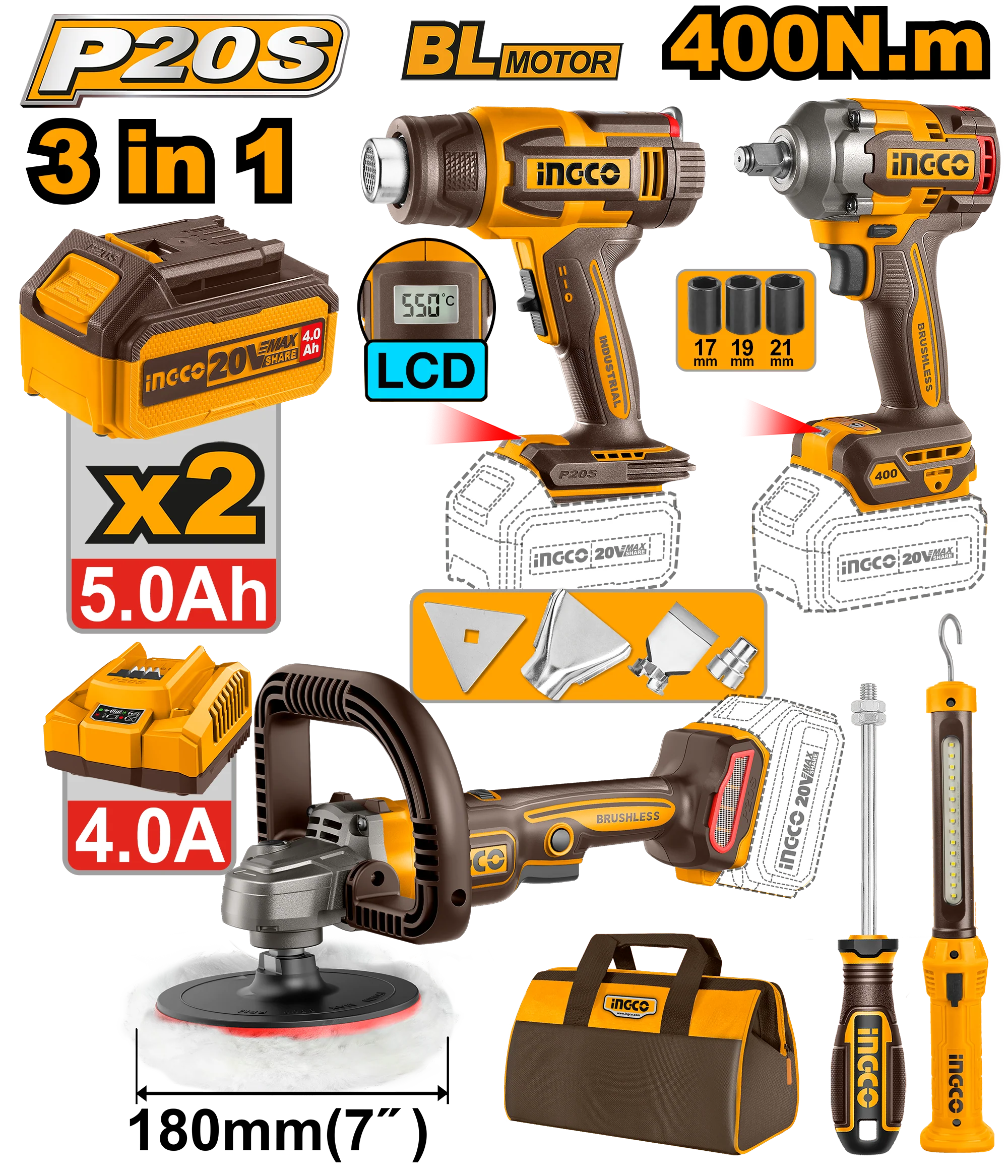 P20S/20V 4PCS Combo Kit with Lithium-Ion Cordless Polisher COSLI241182 ING-COR