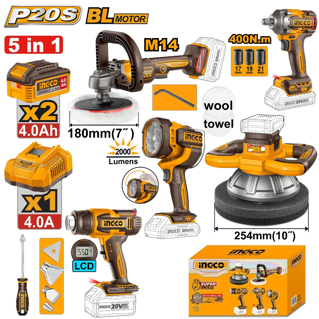 Ingco P20S/20V 5pcs Combo Kit (COPLI202548/APLI2018/CIWLI20401/CWLI2088/HGLI2003) - Image 2