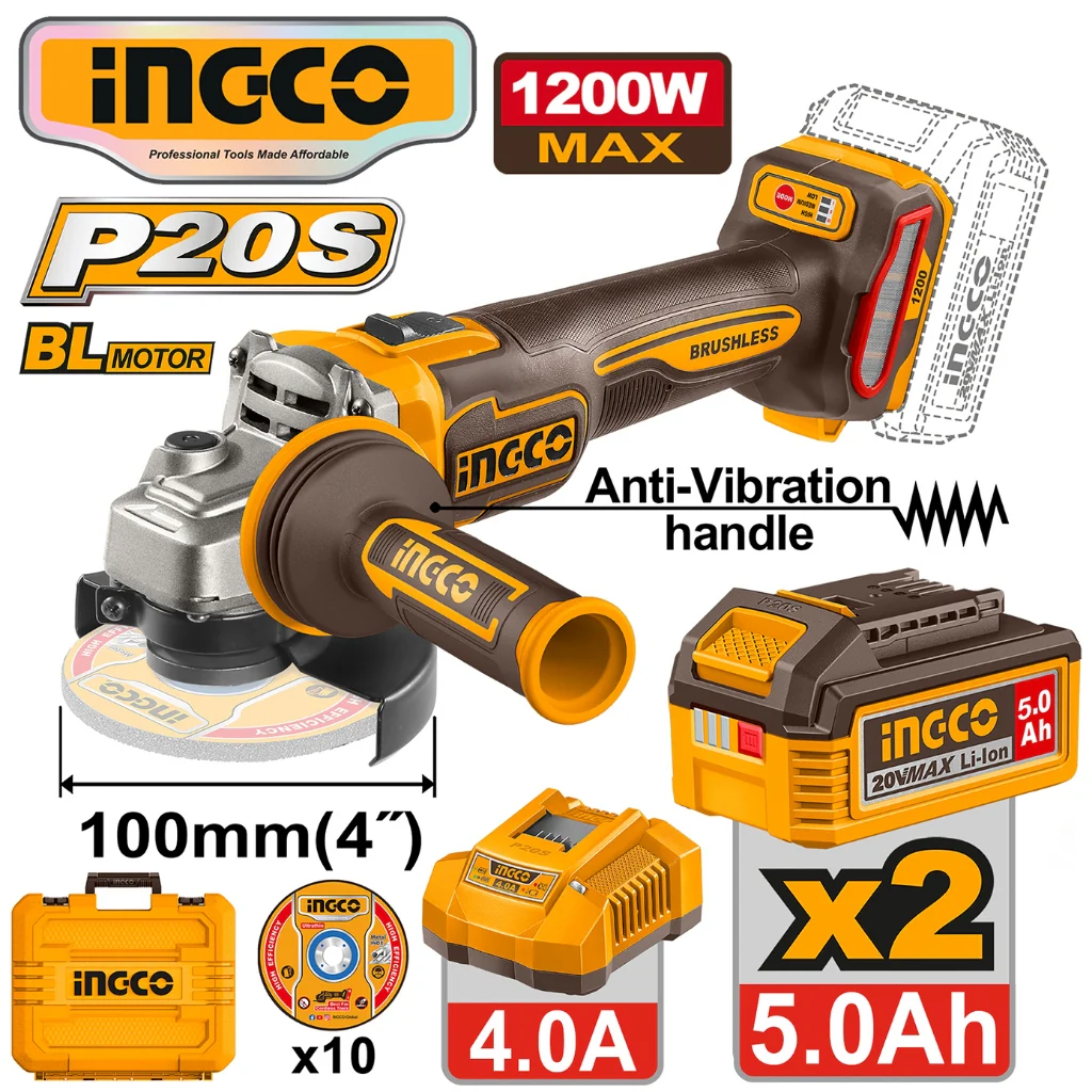 Ingco P20S/20V Brushless Lithium-Ion Cordless Angle Grinder 1200W (4") CAGLI212023 ING-CT