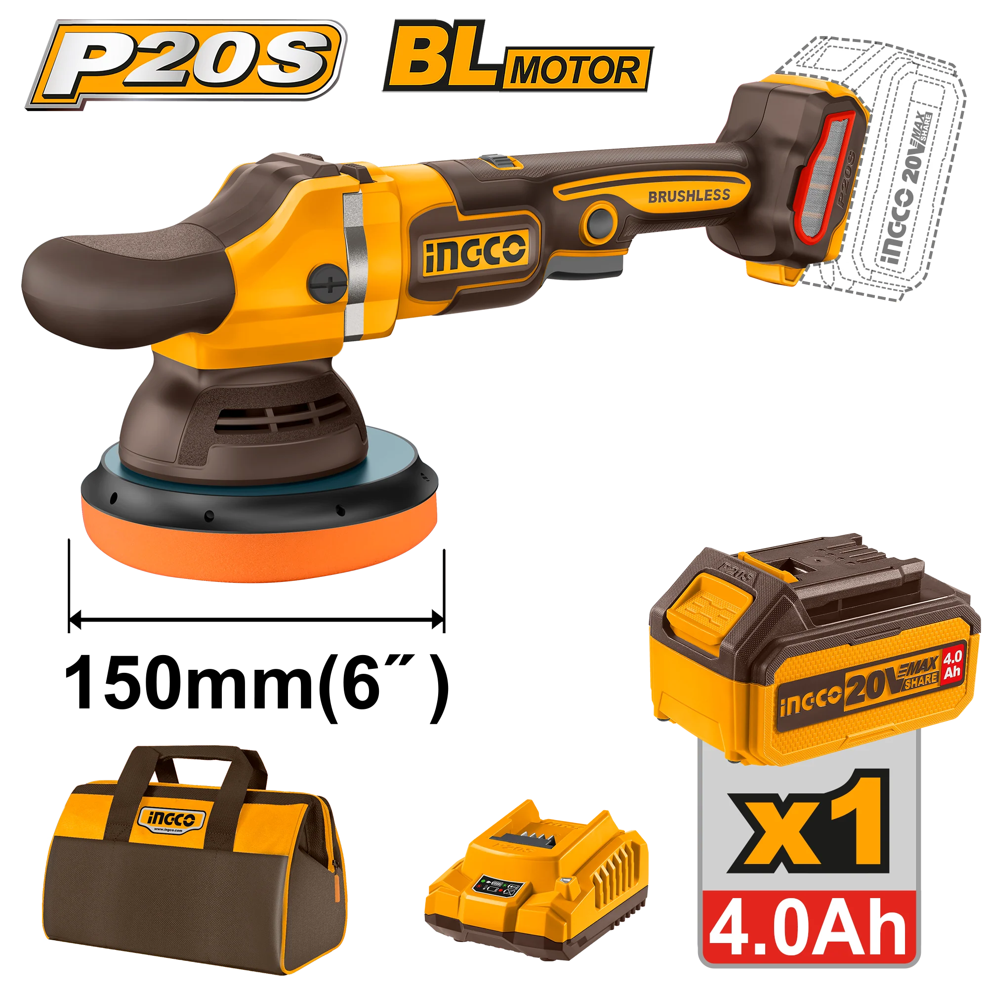 P20S/20V Brushless Motor Lithium-Ion Brushless Cordless Polisher ING-COR