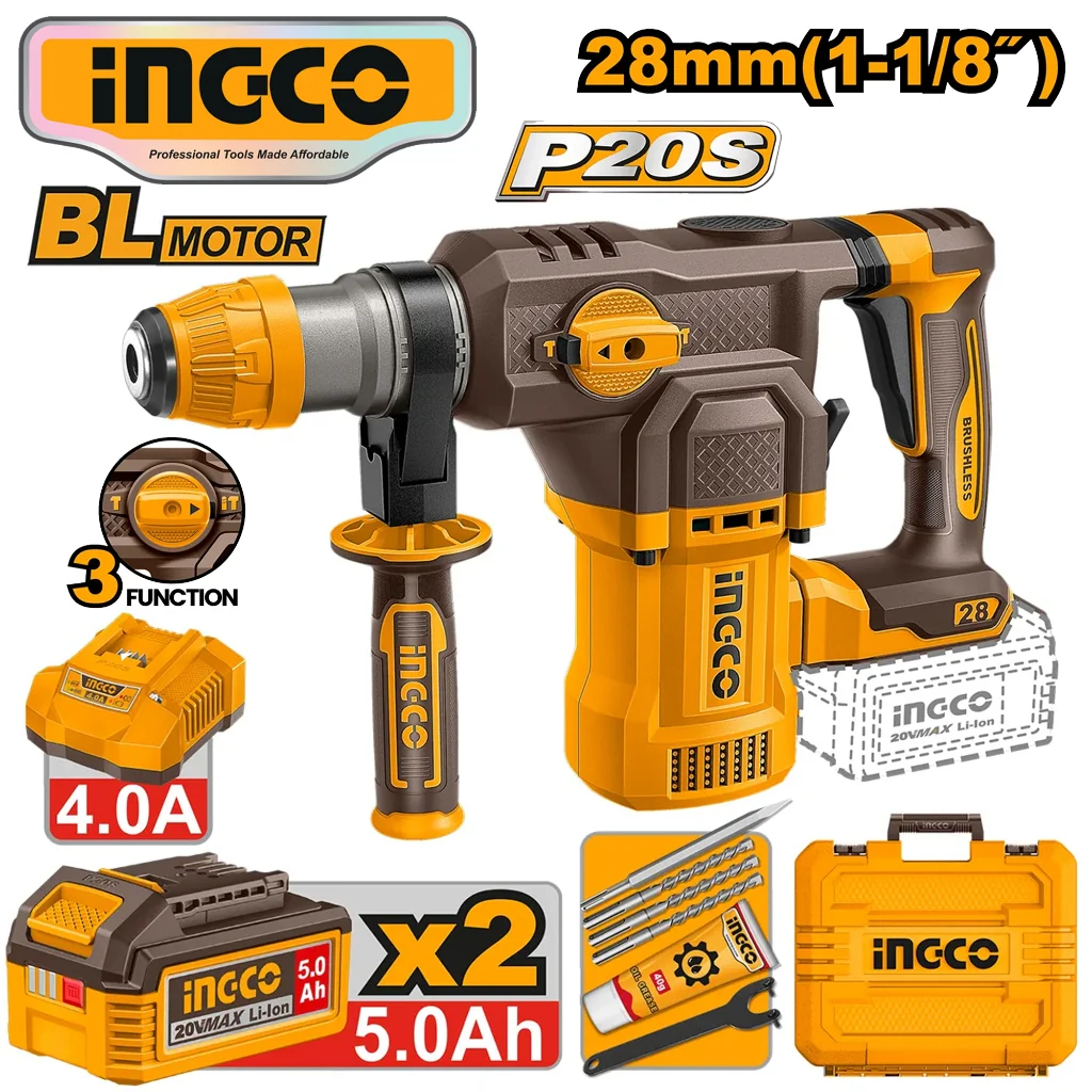 Ingco P20S/20V Brushless Motor Lithium-Ion Cordless Rotary Hammer 28mm CRHLI202862 ING-PT